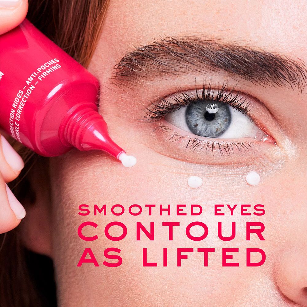 Primo piano di un occhio. Un tubetto eroga crema sulla pelle. Testo: Smoothed Eyes, Contour As Lifted.