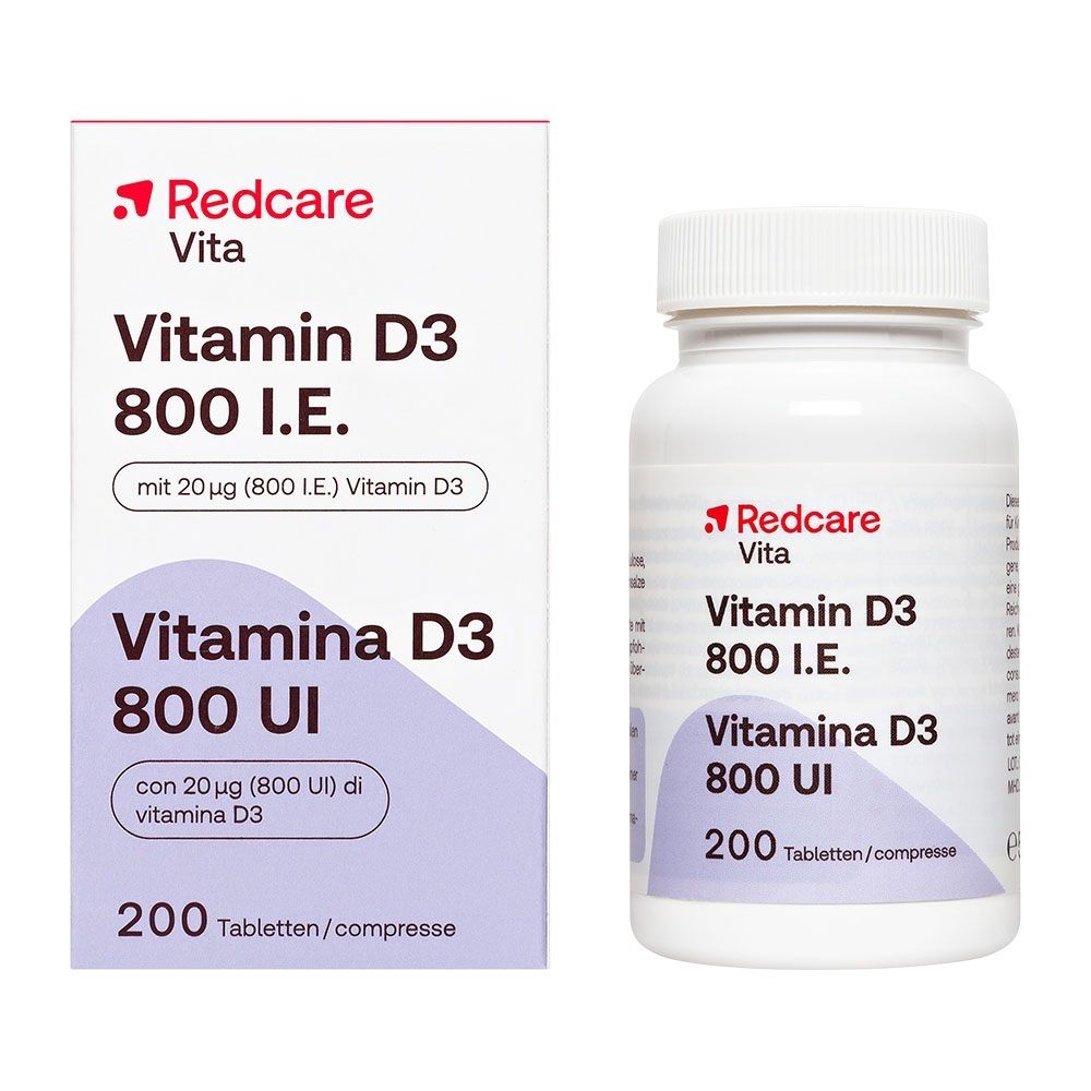 Capsule e scatola di Redcare Vitamina D3 800 UI.