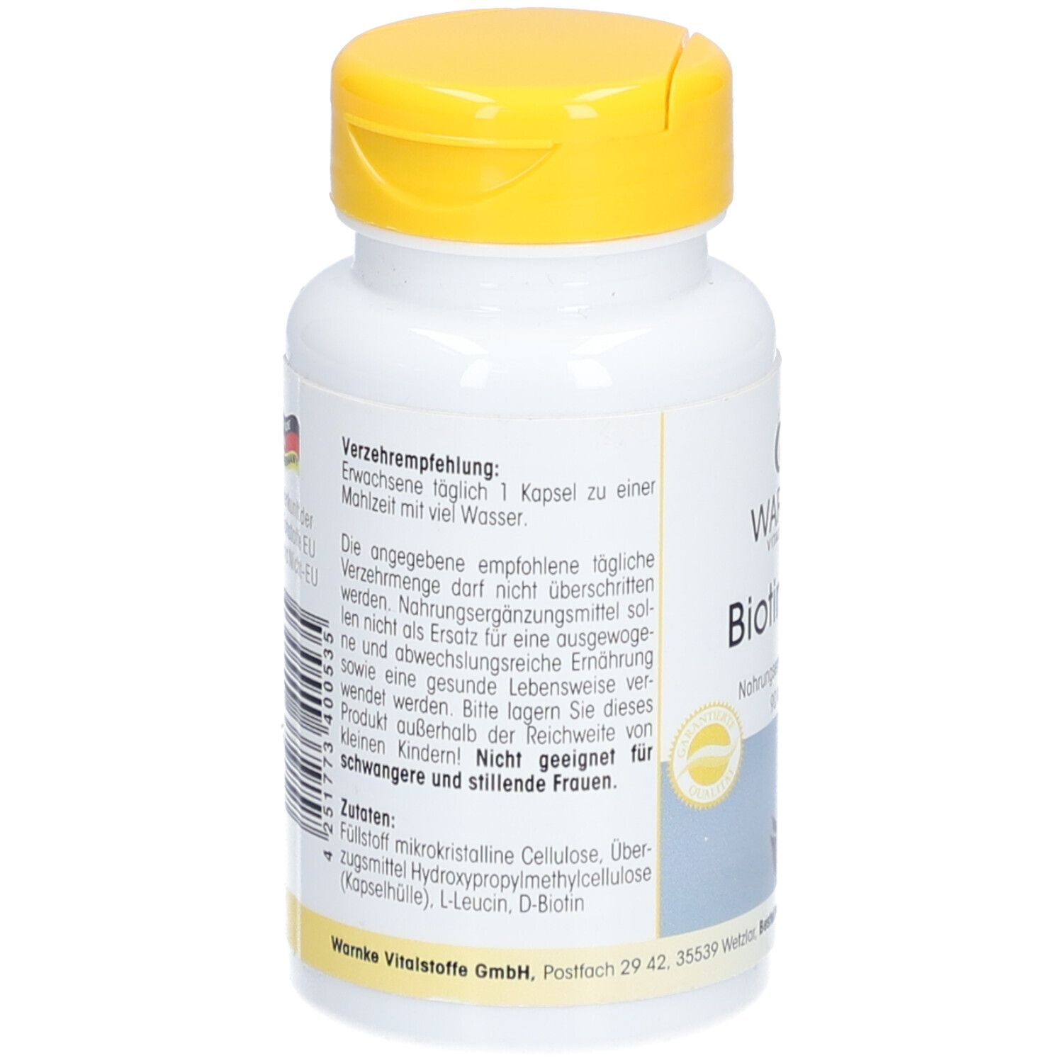 Retro del flacone bianco con tappo giallo. Testo: Raccomandazioni, ingredienti. Codice a barre e logo Made in Germany.