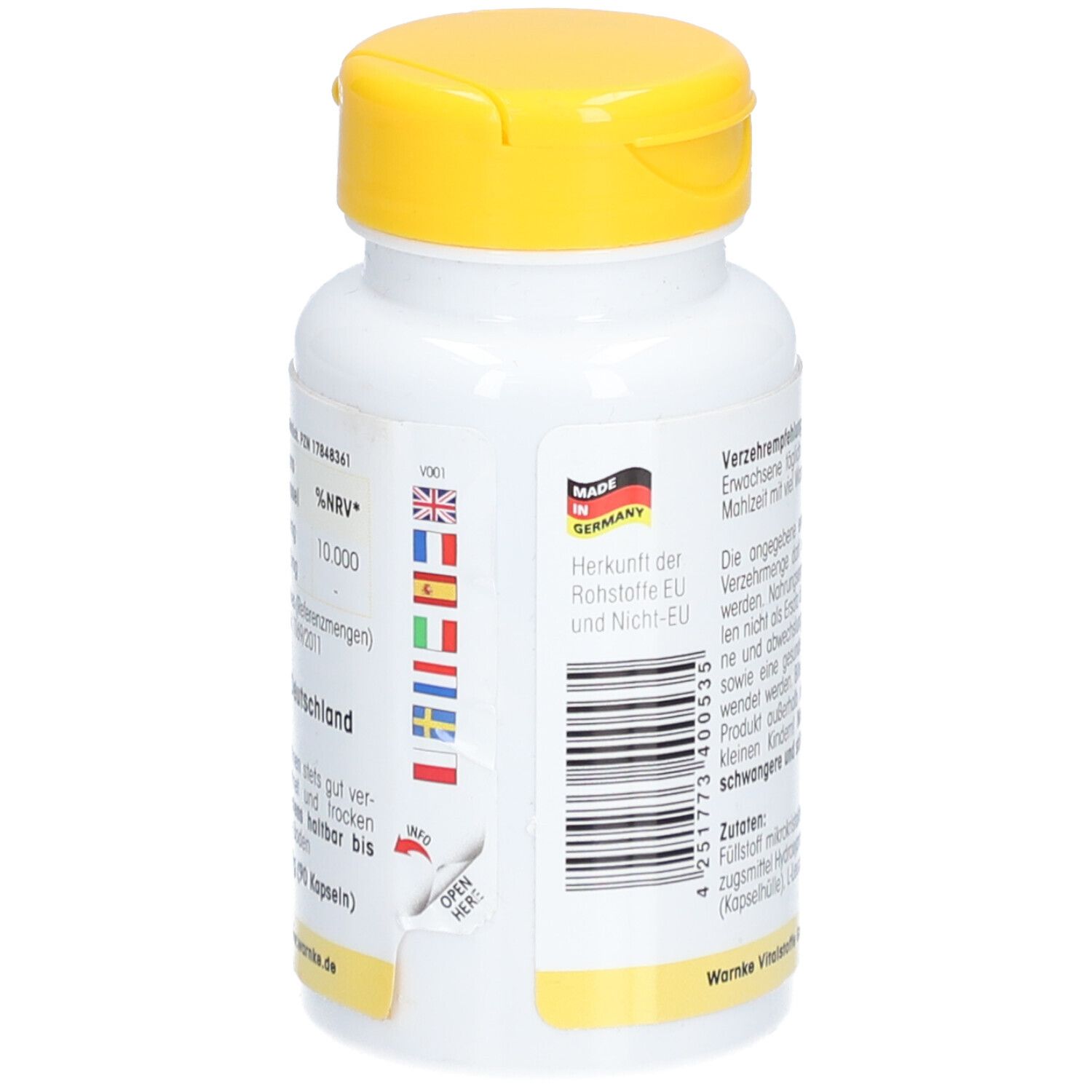 Retro del flacone bianco con tappo giallo. Logo Made in Germany e bandiere. Codice a barre e testo: Open here!