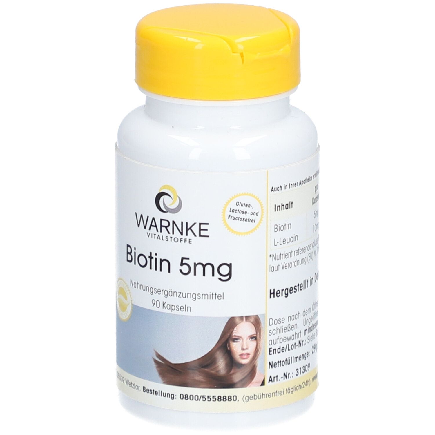 Flacone bianco con tappo giallo. Scritta: Warnke Vitalstoffe, Biotin 5mg, 90 capsule. Immagine di una donna con capelli lunghi.