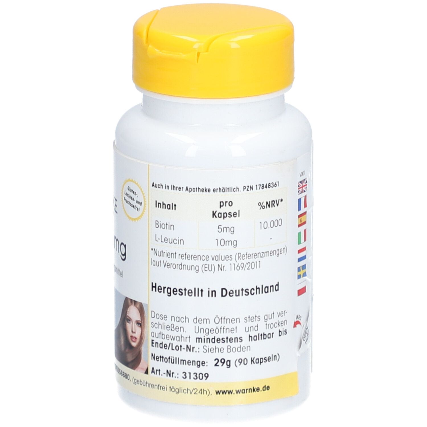 Flacone bianco con tappo giallo. Scritta: Warnke Vitalstoffe, Biotin 5mg, 90 capsule. Testo: Contenuto, per capsula, %VNR.
