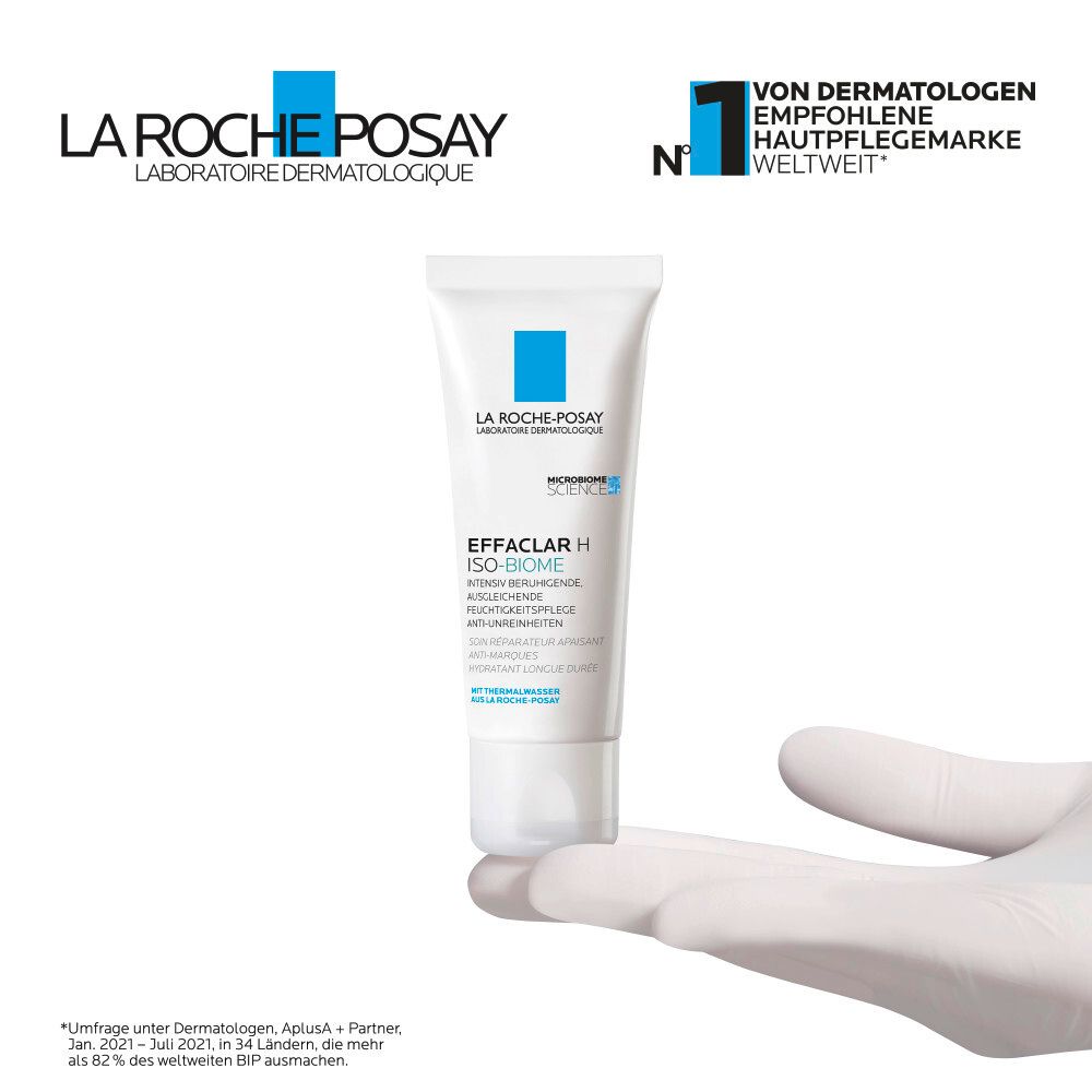 Tubo e scatola bianchi con logo blu e testo. Nome del prodotto: EFFACLAR H ISO-BIOME.