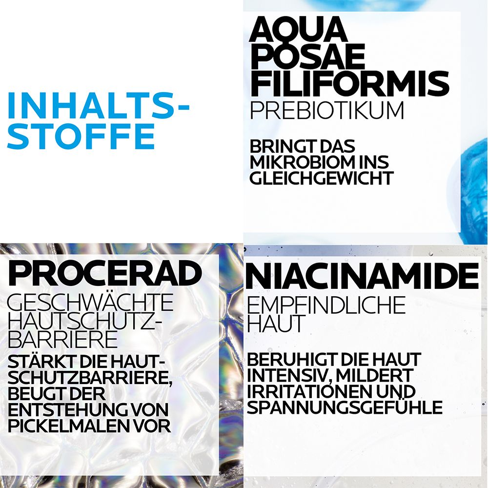 Primo piano sul testo. Testo: 'INGREDIENTI', Aqua Posae Filiformis, Procerad, Niacinamide.