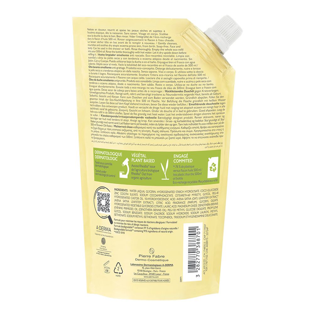 Ricarica per bagnoschiuma con tappo a vite. Contiene ingredienti ed etichette.