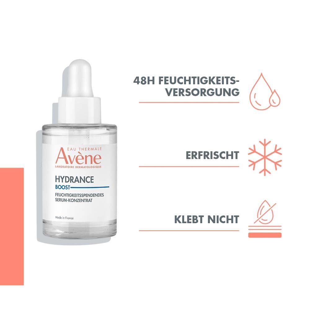 Flacone accanto a infografica. Testo: Booster idratante con acido ialuronico e vitamina B3. Adulti.