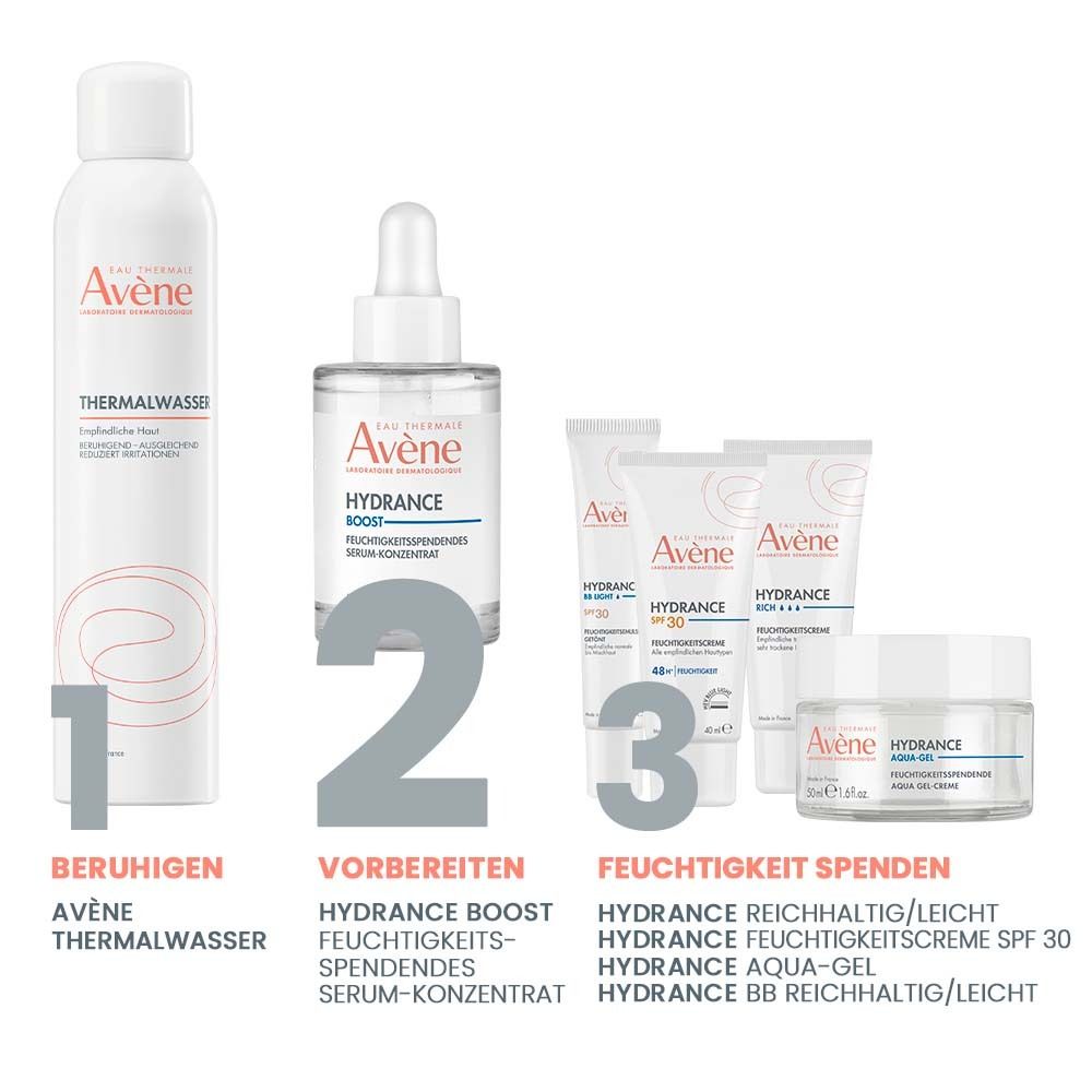 Donna che tiene in mano un flacone. Testo: Hydrance Boost, Siero-concentrato, Idratazione 48h.