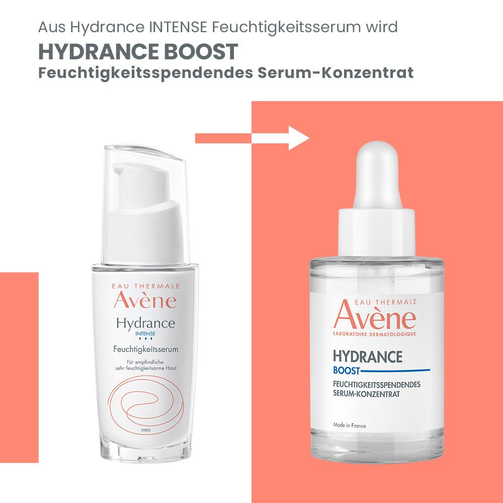Confronto tra due flaconi. Sinistra: Siero idratante Hydrance. Destra: Siero Hydrance Boost.