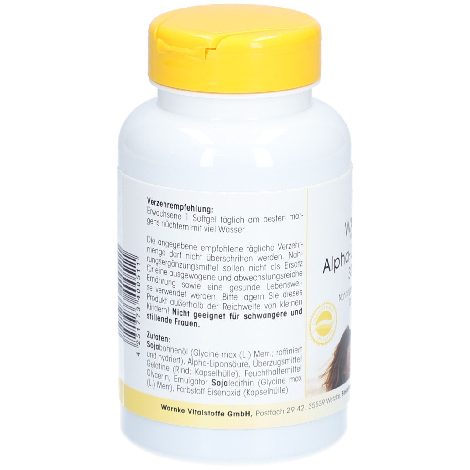 Retro del flacone. Testo sugli ingredienti e raccomandazioni. Elenco ingredienti. Avvertenza per le donne incinte.