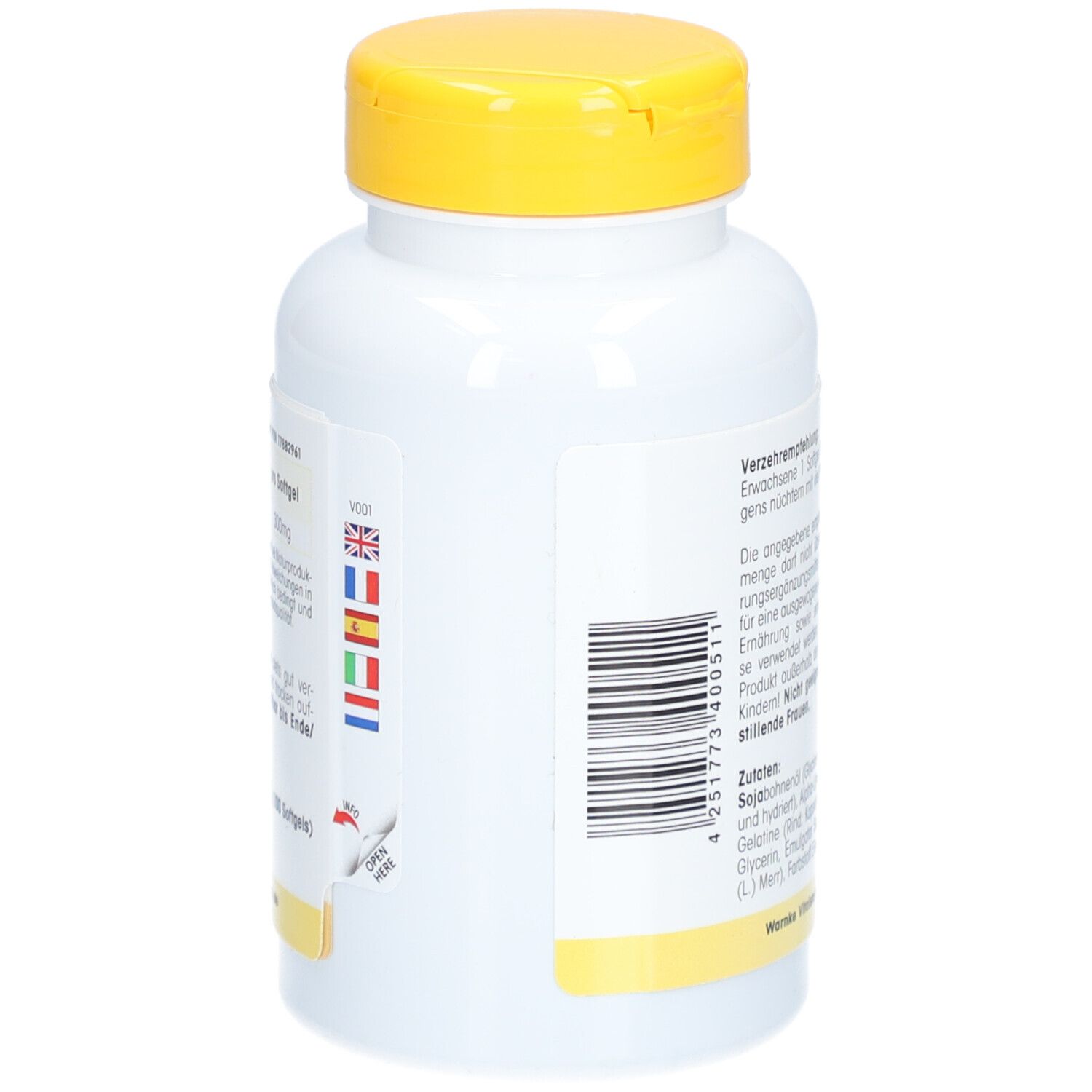 Flacone con tappo giallo. Codice a barre e informazioni multilingue. Istruzioni per l'apertura.