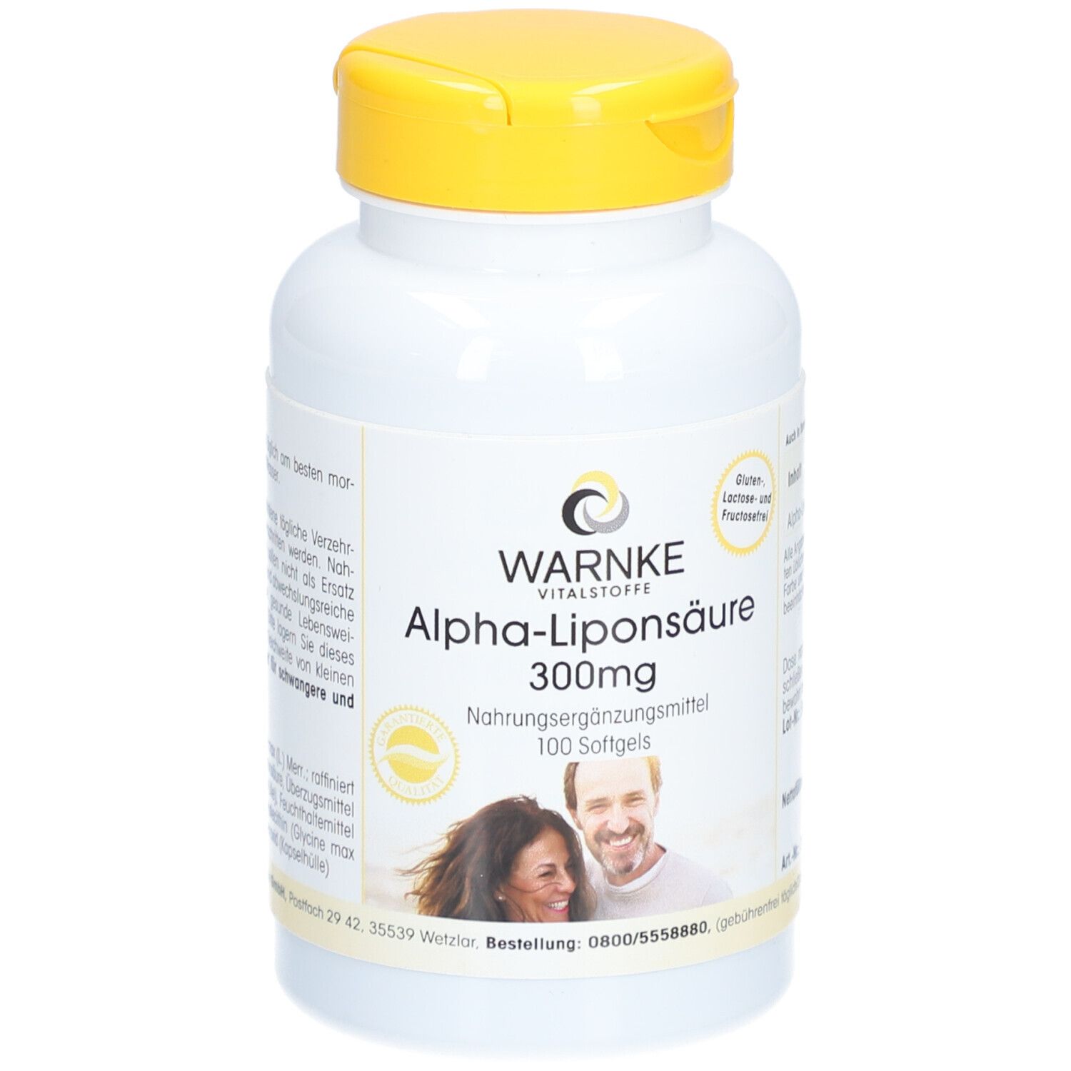 Flacone bianco con tappo giallo. Scritta: WARNKE Alpha-Liponsäure 300mg. 100 capsule. Immagine di coppia.