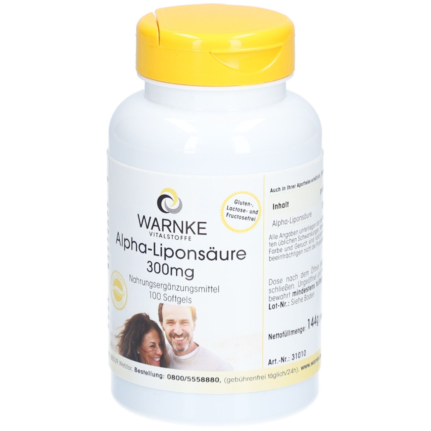 Flacone bianco con tappo giallo. Scritta: WARNKE Alpha-Liponsäure 300mg. 100 capsule. Senza glutine, lattosio e fruttosio.