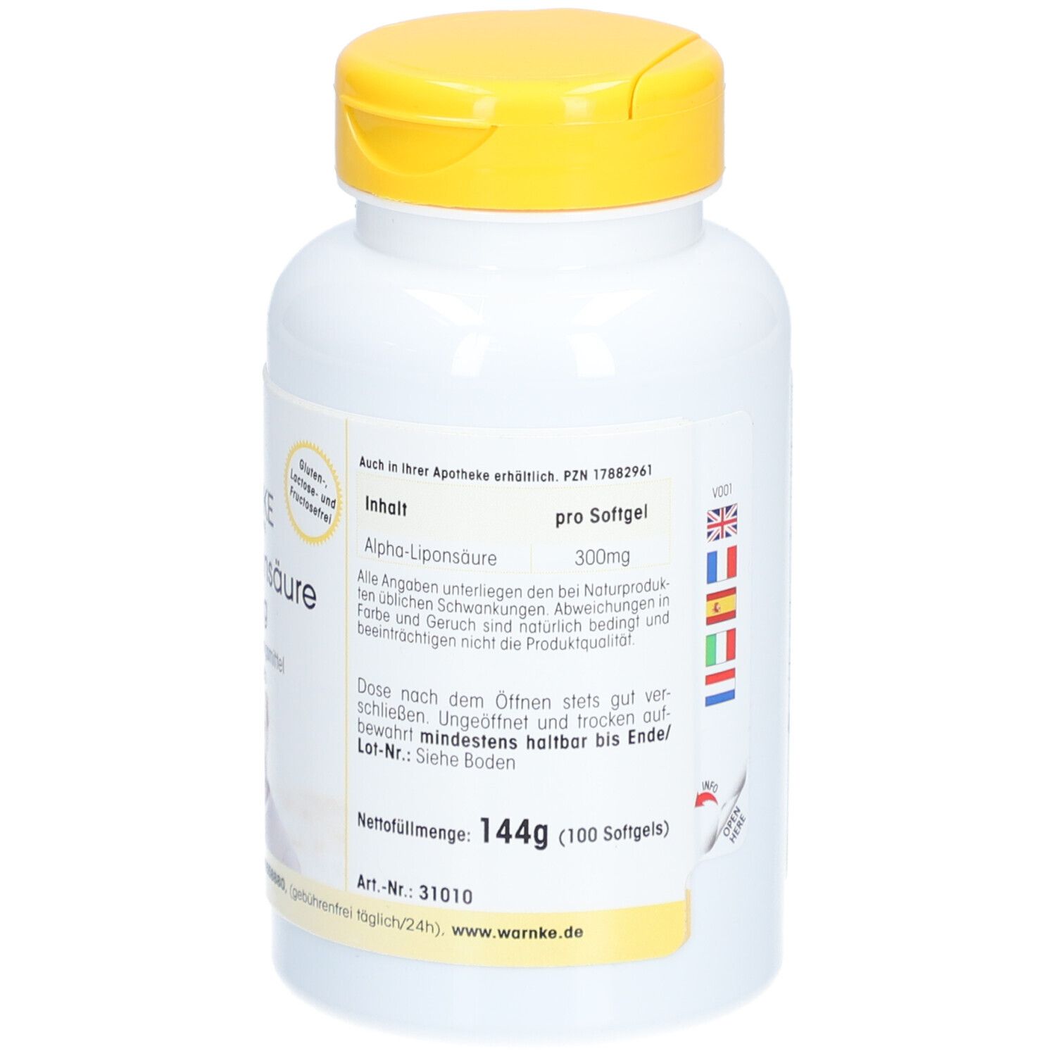 Retro del flacone. Informazioni su contenuto, durata e ingredienti. Informazioni multilingue.