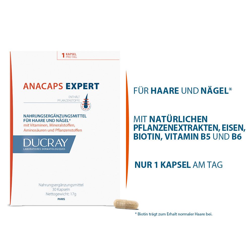 Capsula ANACAPS EXPERT accanto alla confezione. Contiene estratti vegetali, ferro, biotina, vitamina B5 e B6. 1 capsula al giorno.
