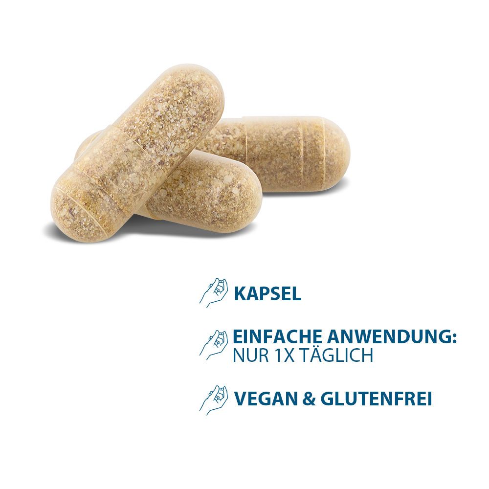 Tre capsule ovali. Capsula. Facile da usare: solo 1 volta al giorno. Vegano e senza glutine.