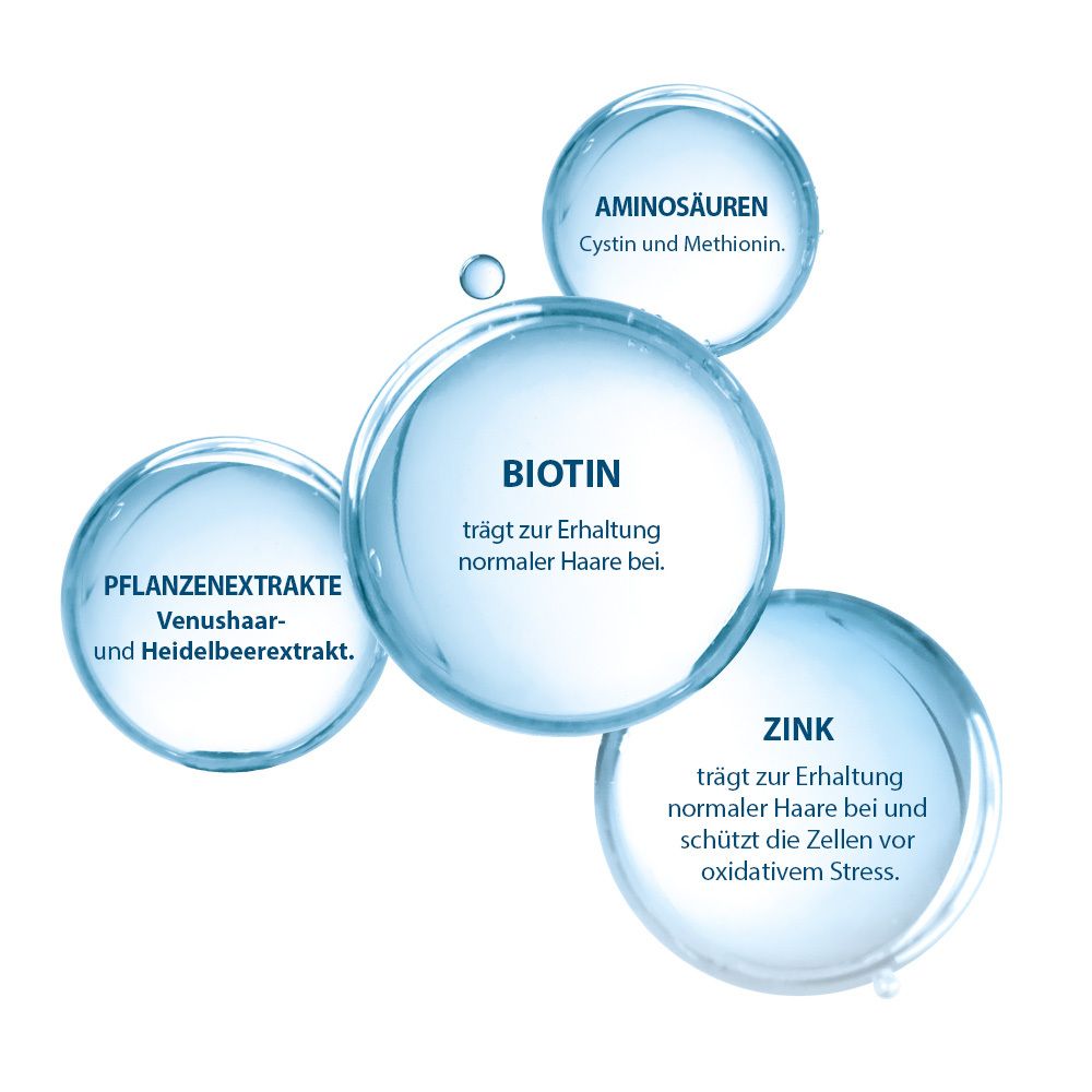 Grafico con ingredienti: aminoacidi, biotina, zinco ed estratti vegetali. Per capelli sani.