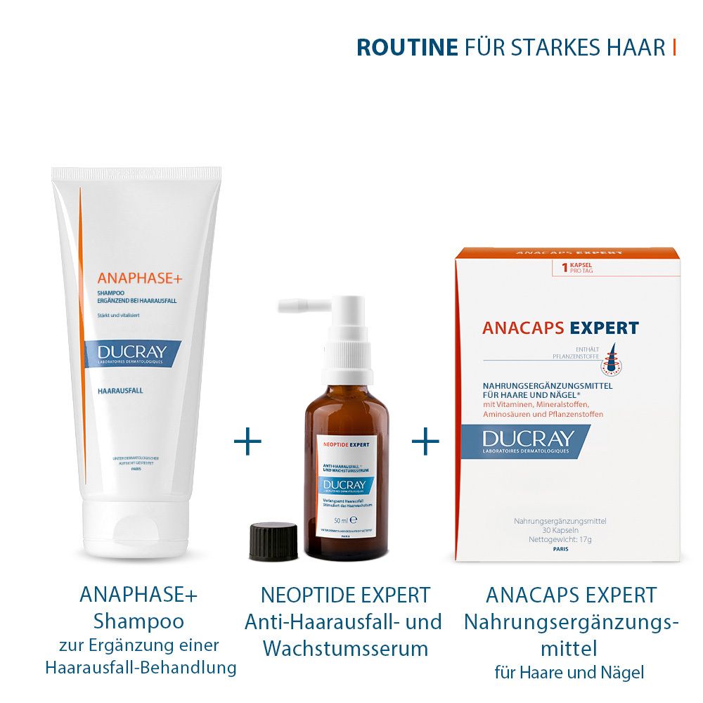 Tre prodotti: shampoo, siero e ANACAPS EXPERT. Per capelli forti. Integratore per capelli e unghie.