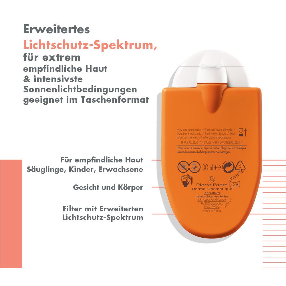 Retro del flacone arancione. Testo: Eau Thermale Avène, Réflexe Solaire. Per pelli sensibili, neonati, bambini, adulti. 30ml.