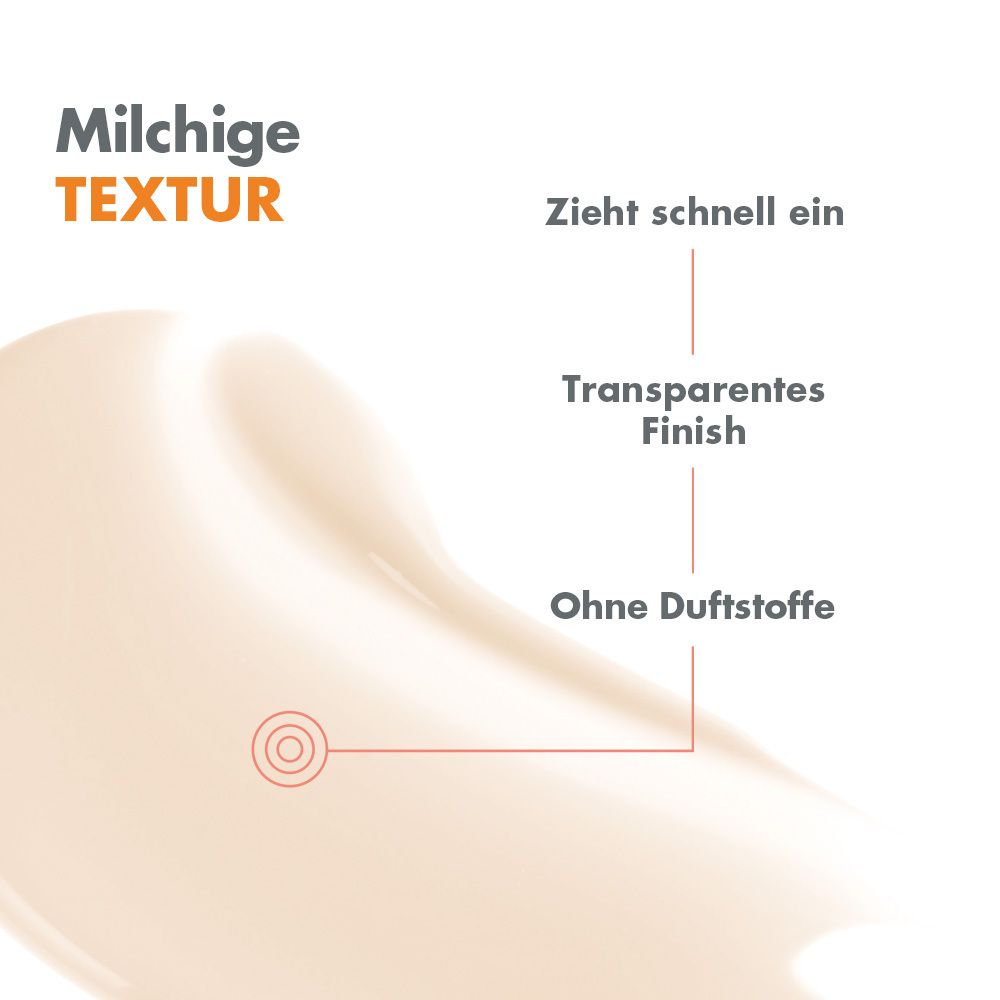 Primo piano di una texture cremosa. Testo: Texture lattiginosa, assorbimento rapido, finitura trasparente, senza profumo.