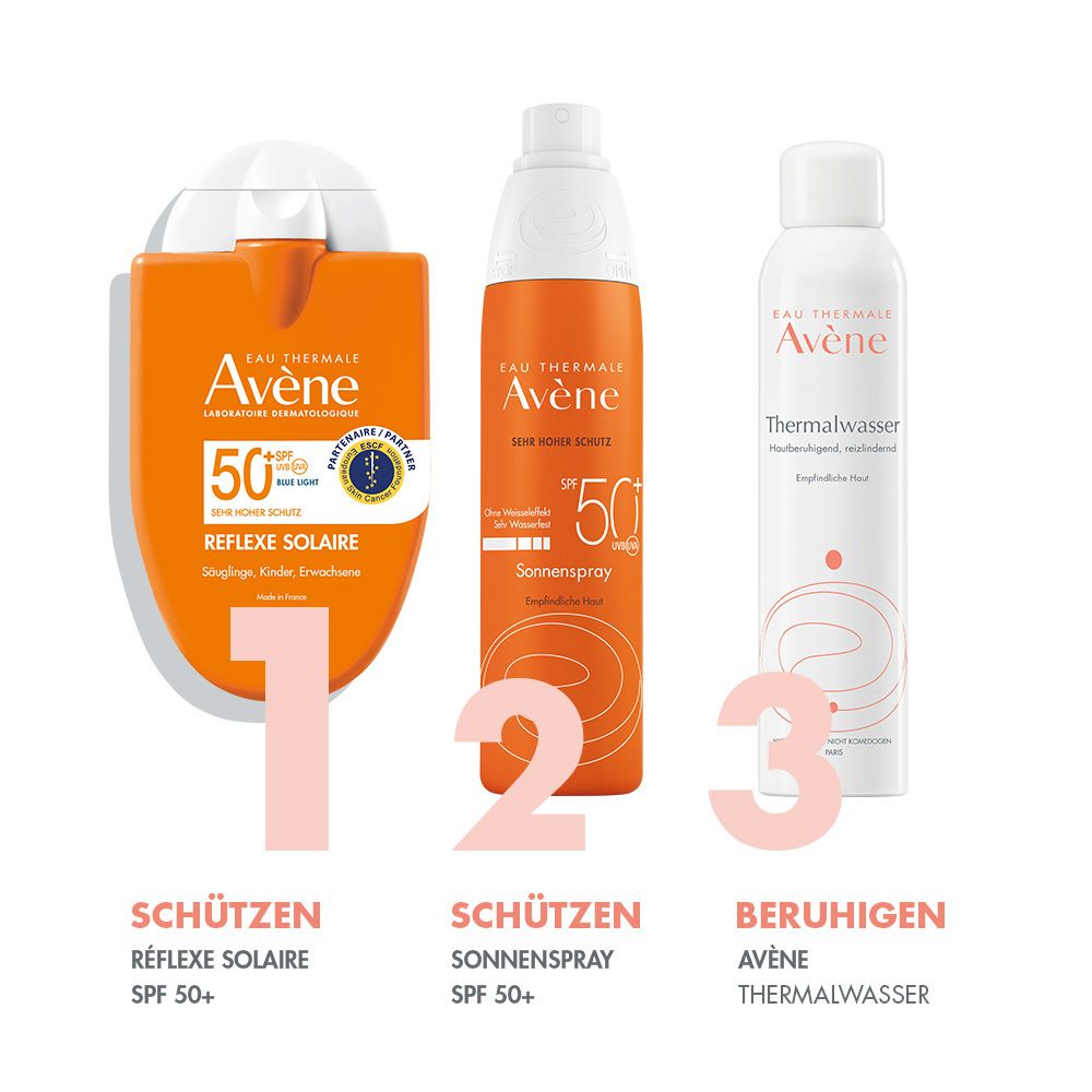 Tre prodotti: Réflexe Solaire SPF 50+, Spray Solare SPF 50+, Acqua Termale Avène. Tutti con nomi e SPF.