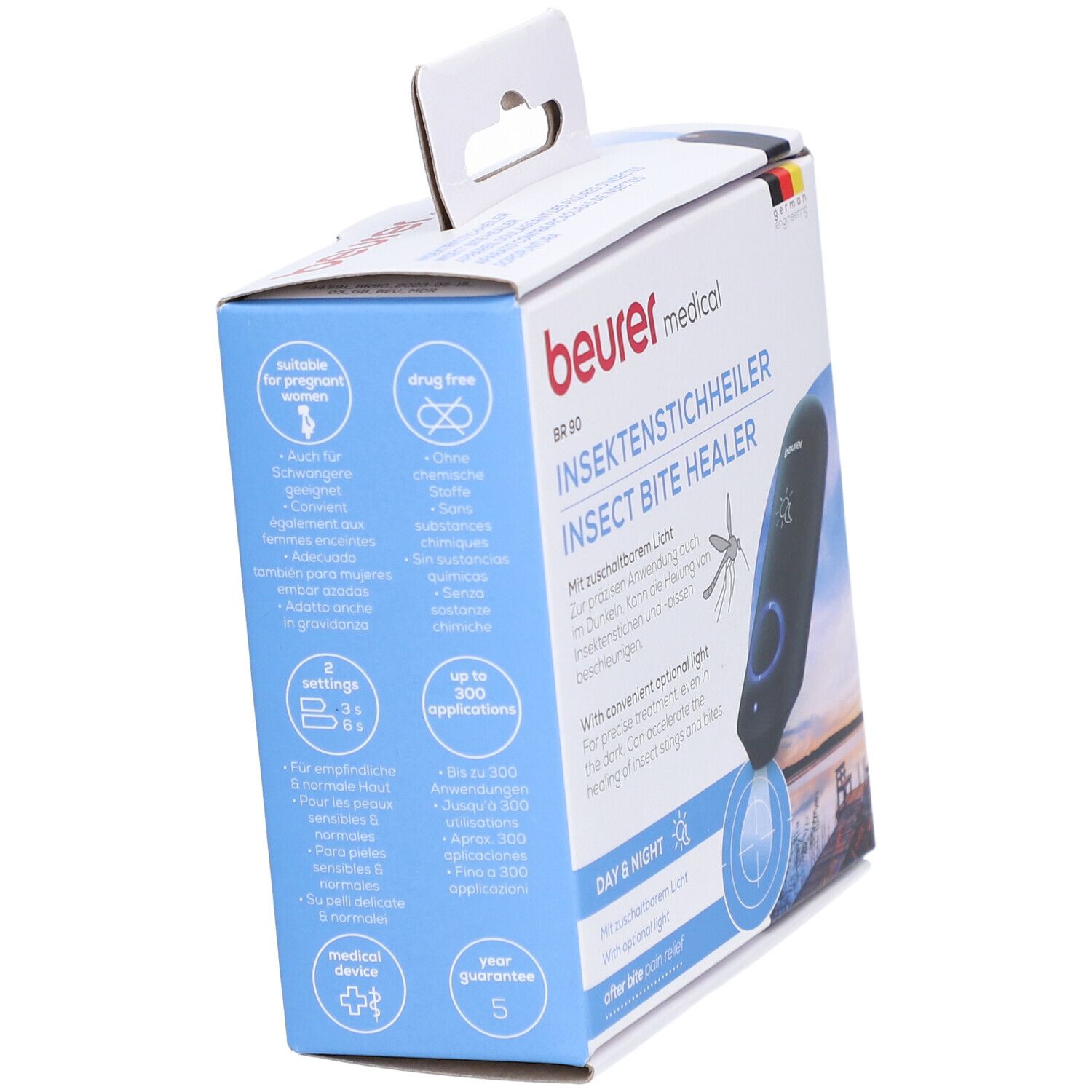 Vista laterale della confezione del BR 90. Testo e simboli. Contiene informazioni su gravidanza e applicazioni.