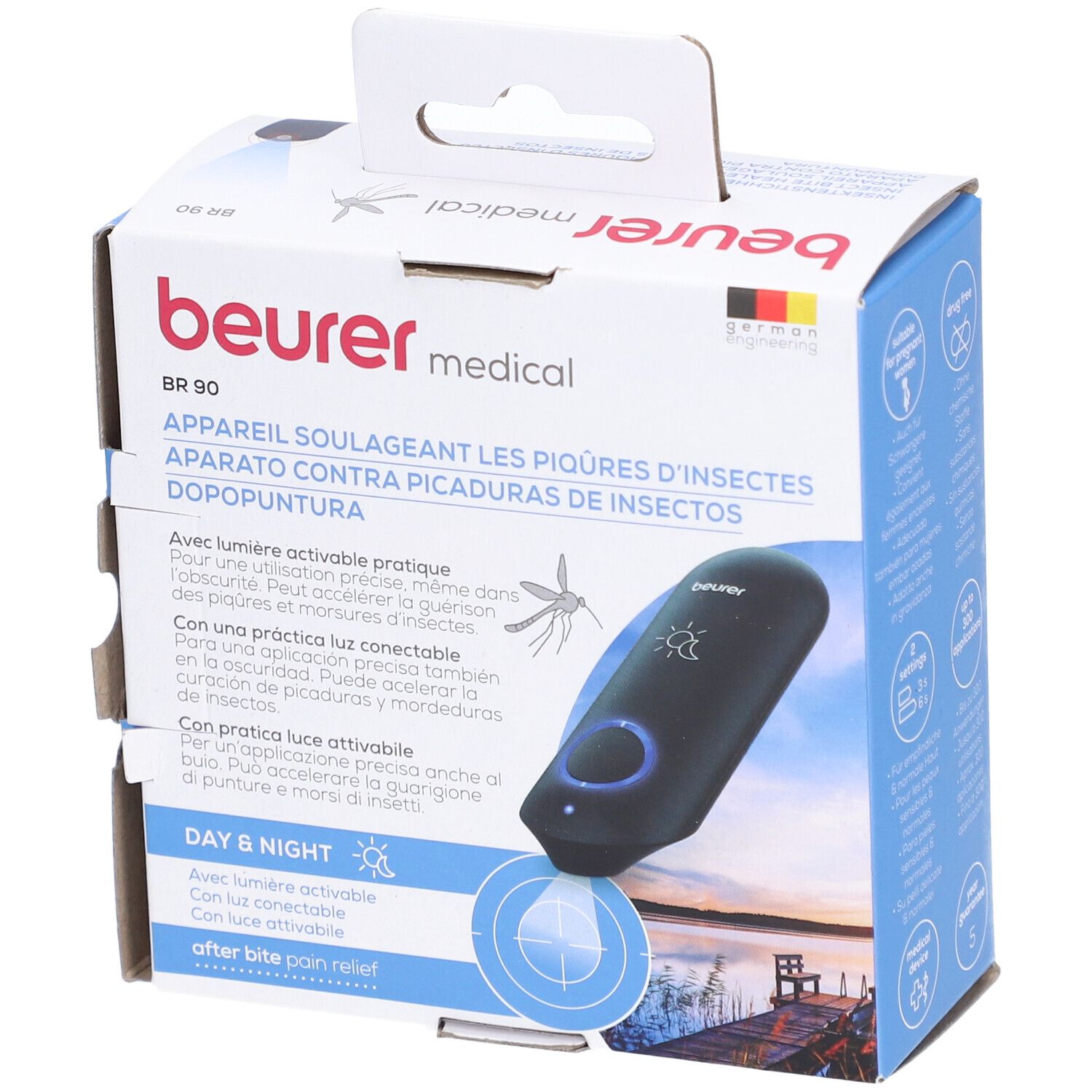 Confezione del BR 90. Testo in tedesco, francese, inglese e italiano. Dispositivo con luce blu.