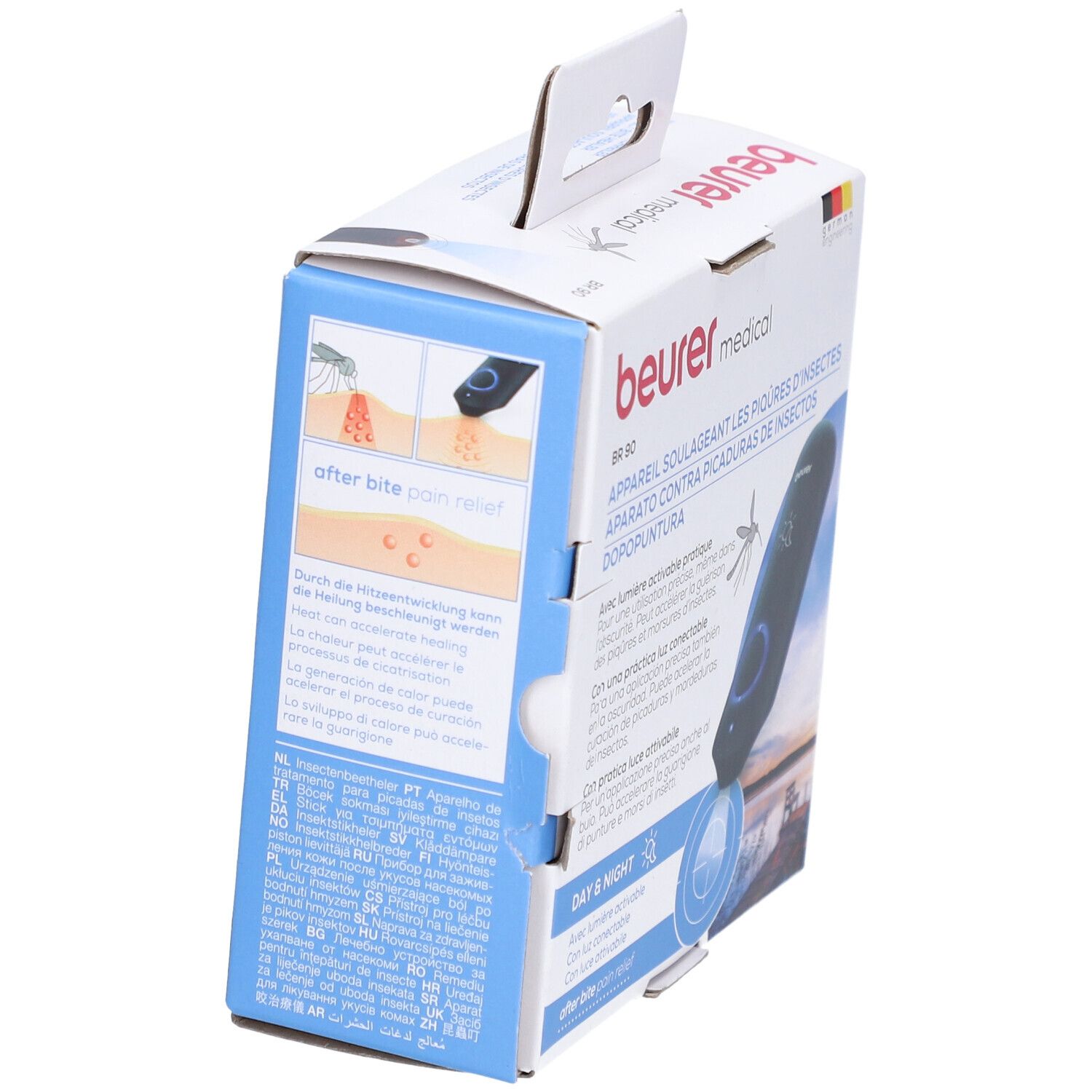 Confezione del BR 90. Illustrazioni sull'uso. Testo in più lingue.