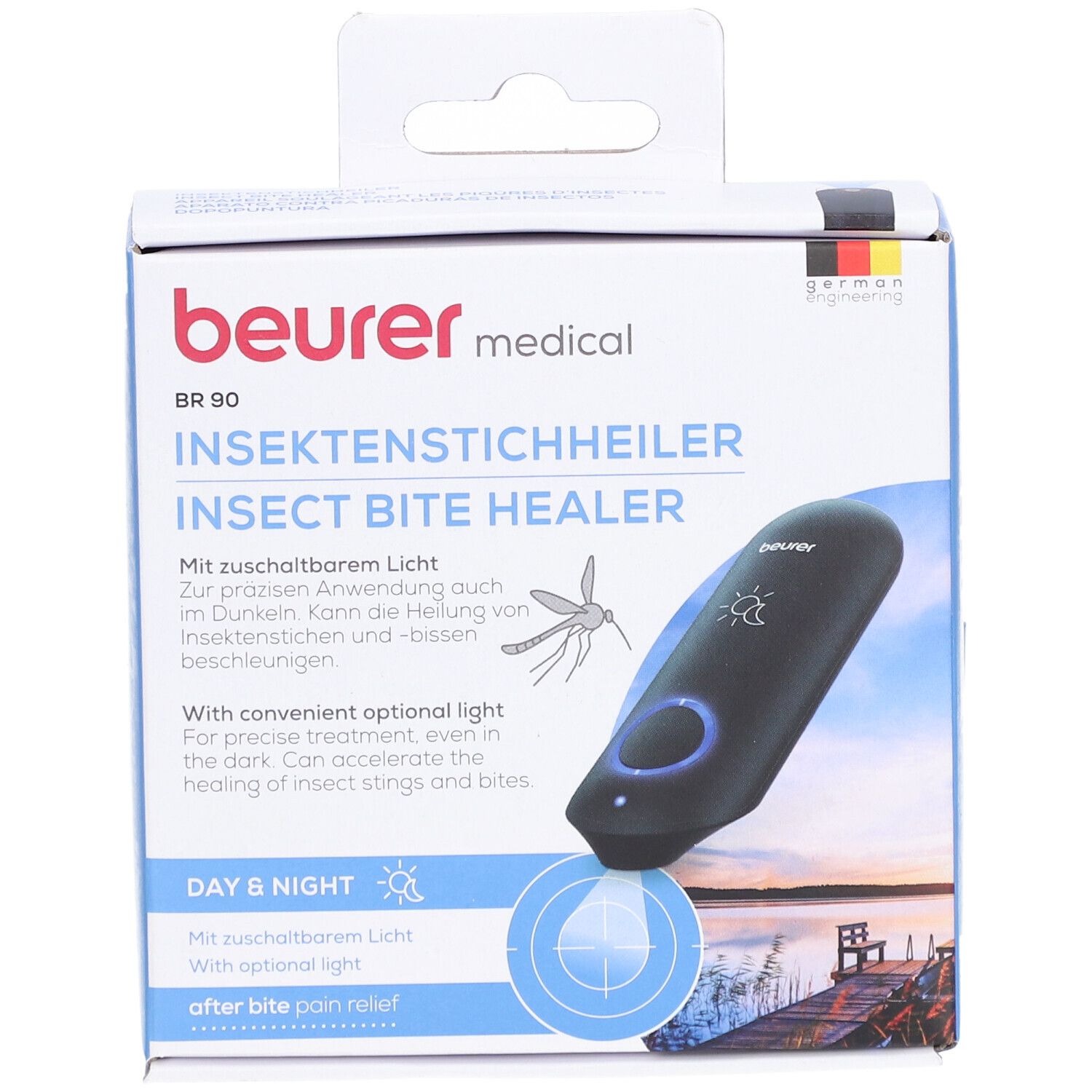 Confezione del BR 90. Dispositivo nero con luce blu. Testo: Insektenstichheiler, Day & Night, after bite pain relief.