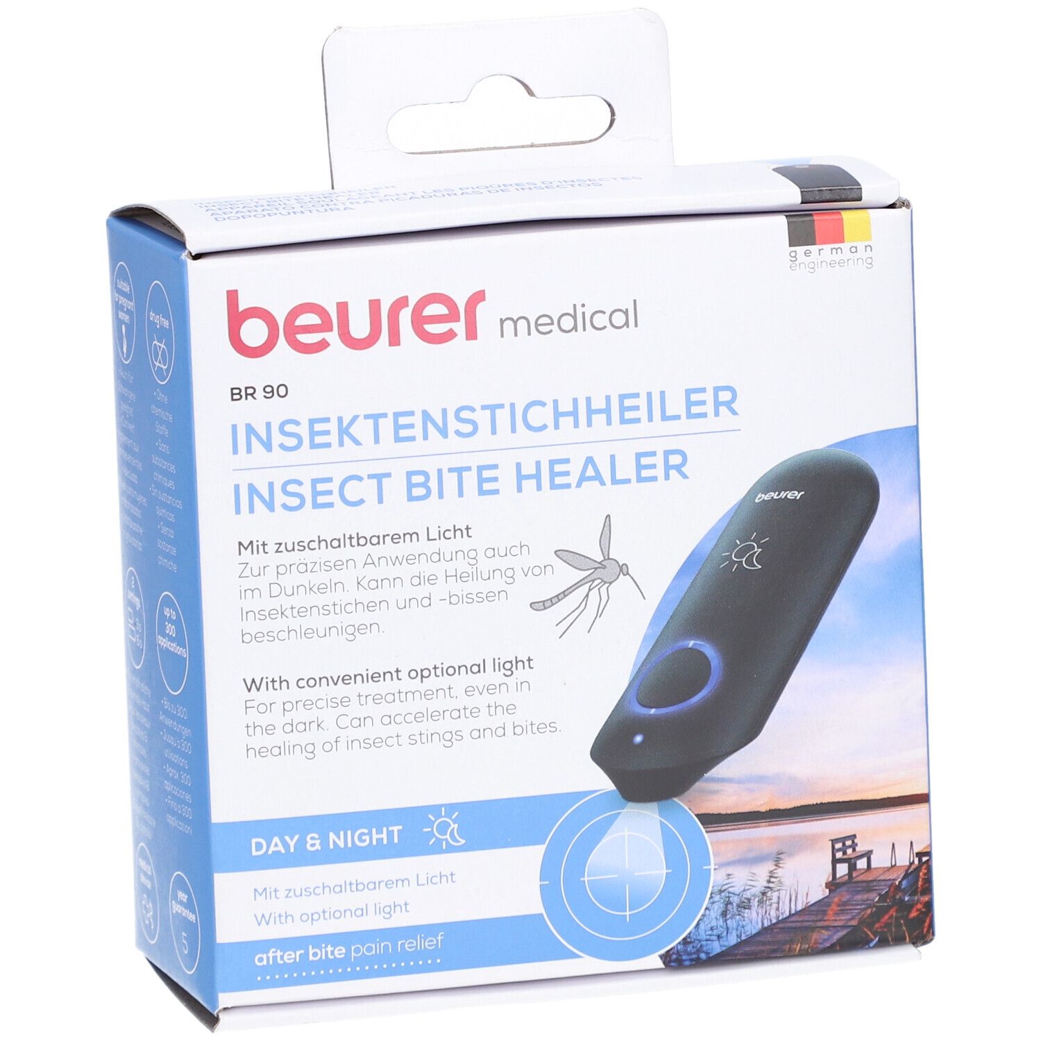 Confezione del BR 90. Dispositivo nero con luce blu. Testo: Insektenstichheiler, Day & Night, after bite pain relief.