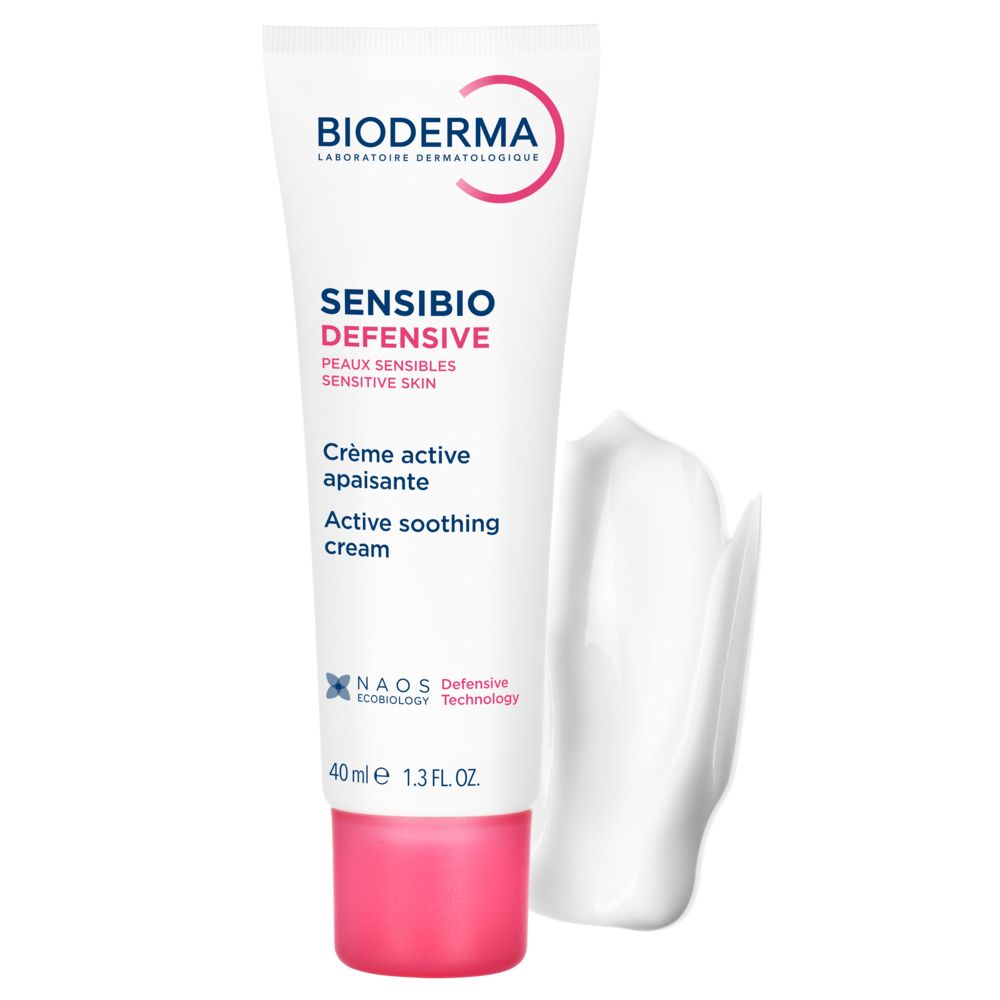Grafico con testo: Lenisce 97%, rafforza 94%, idrata 12 ore. BIODERMA Sensibio Defensive.