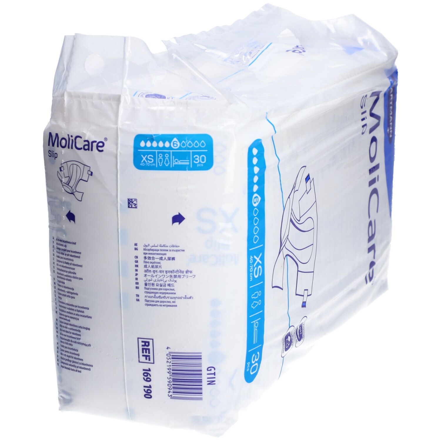 Confezione MoliCare Slip plus, taglia XS, 30 pezzi. Indicatore sei gocce. Informazioni sul retro.