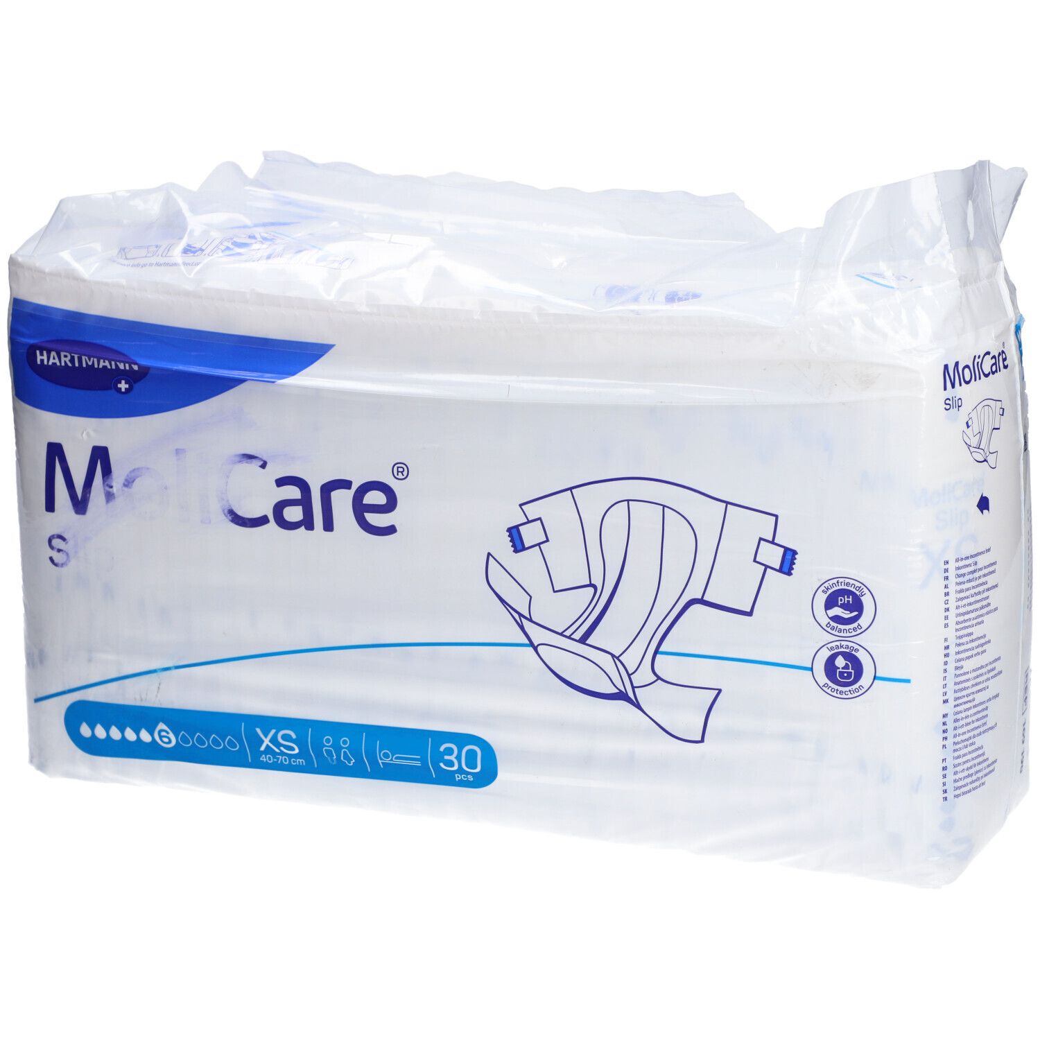 Confezione MoliCare Slip, taglia XS, 30 pezzi. Indicatore sei gocce. Immagine del prodotto.