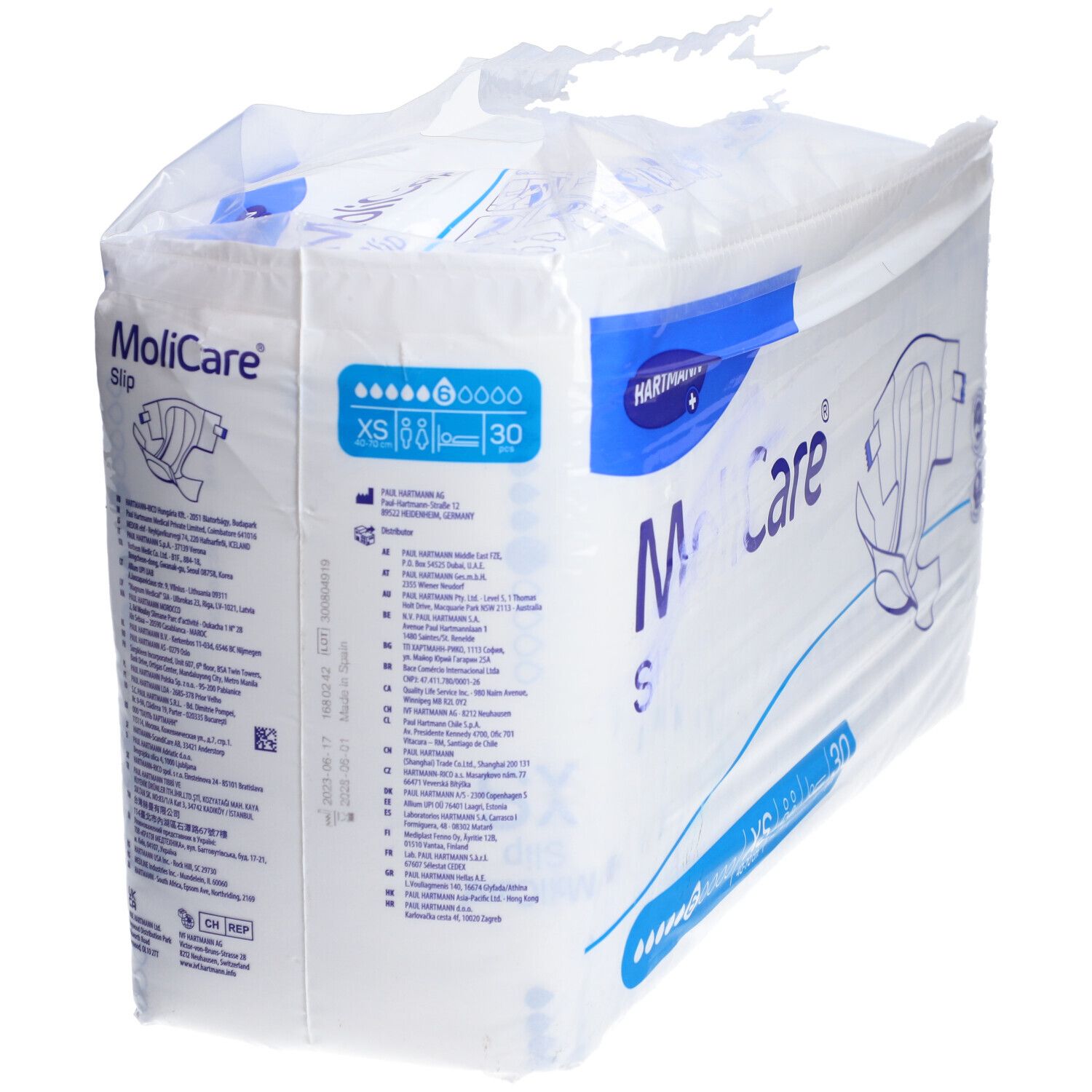 Confezione MoliCare Slip, taglia XS, 30 pezzi. Indicatore sei gocce. Testo sul retro.