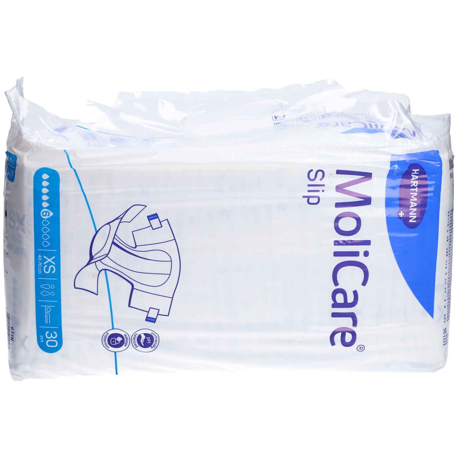 Confezione MoliCare Slip, taglia XS, 30 pezzi. Indicatore sei gocce. Immagine del prodotto.