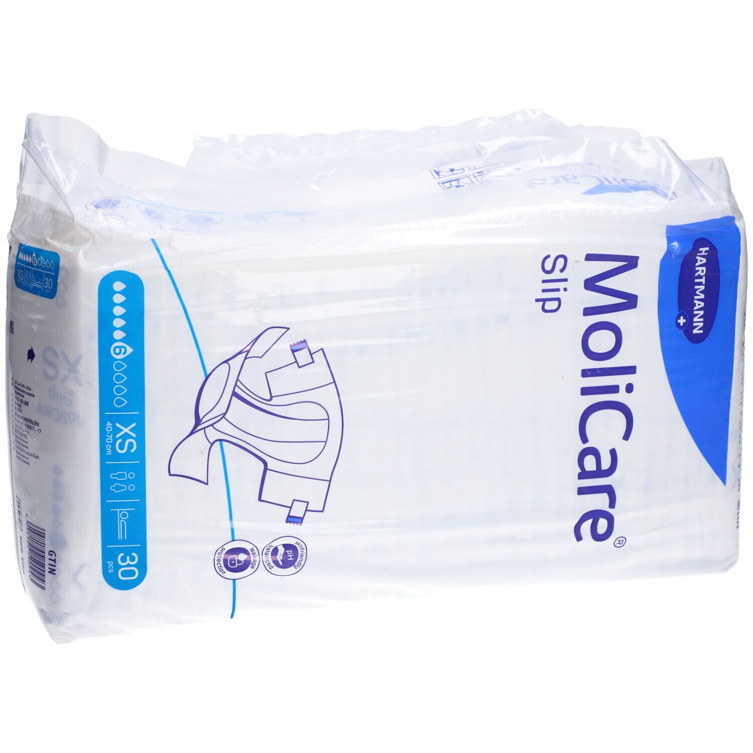 Confezione MoliCare Slip, taglia XS, 30 pezzi. Indicatore sei gocce. Immagine del prodotto.