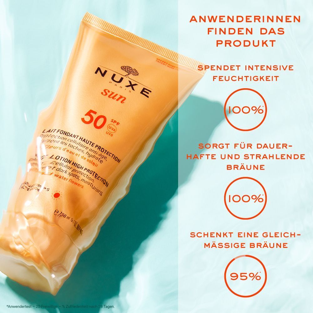 Tubo di crema solare NUXE Sun, SPF 50, in plastica. Testo: Lait Fondant Haute Protection. Sfondo: acqua. Grafici.
