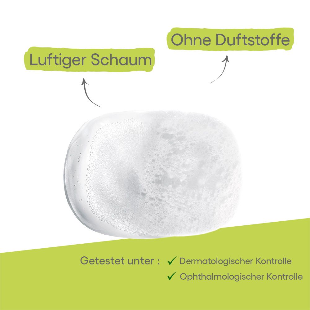 Detergente con indicazioni: Schiuma leggera, senza profumo. Testato dermatologicamente e oftalmologicamente.