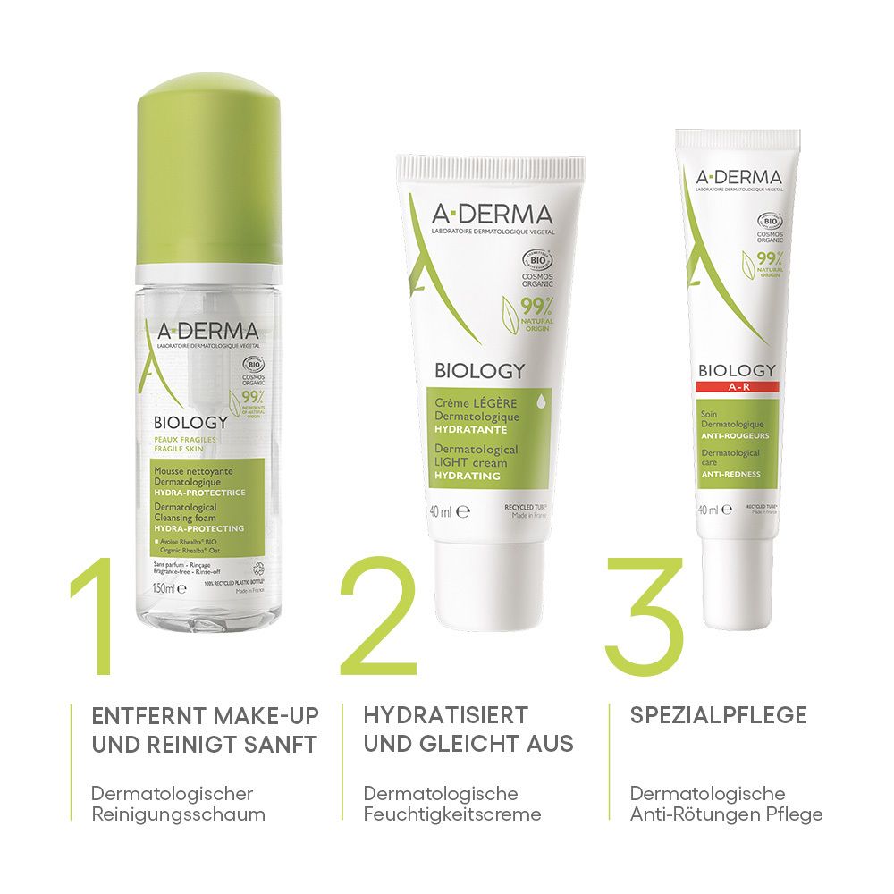 Tre prodotti A-DERMA BIOLOGY: Detergente, crema idratante, trattamento anti-rossore.