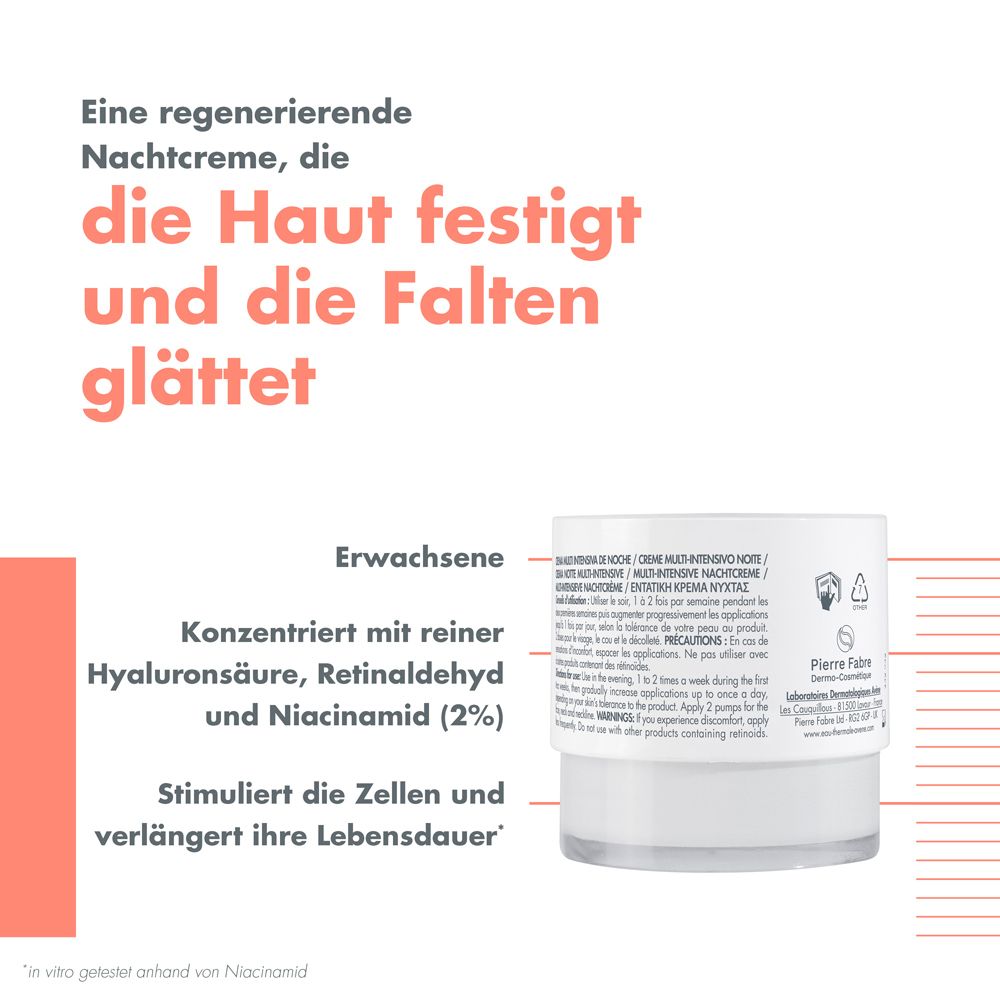 Crema notte Avène Hyaluron Activ B3. Prodotto e testo. Riempie le rughe, rassoda, rigenera. 97% ingredienti naturali.