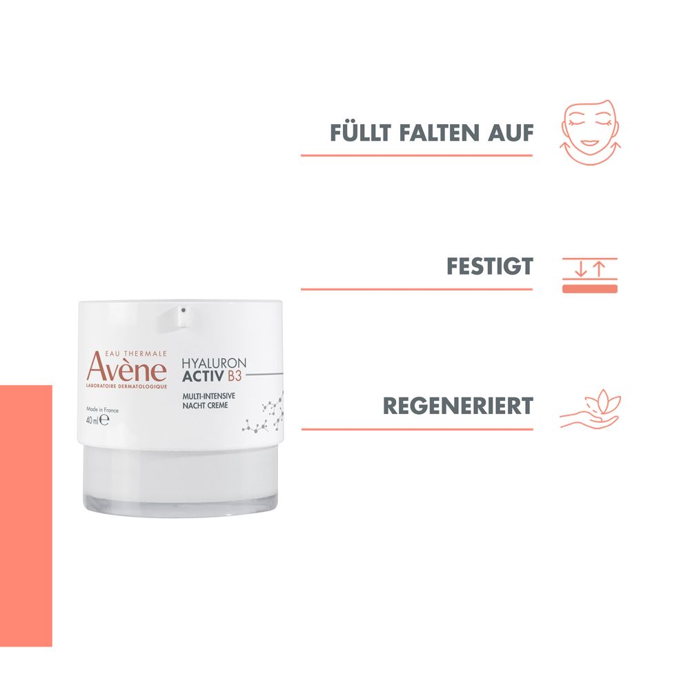 Crema notte Avène Hyaluron Activ B3. Testo. Crema notte rigenerante, rassoda la pelle, leviga le rughe. Con acido ialuronico, retinaldeide, niacinamide.