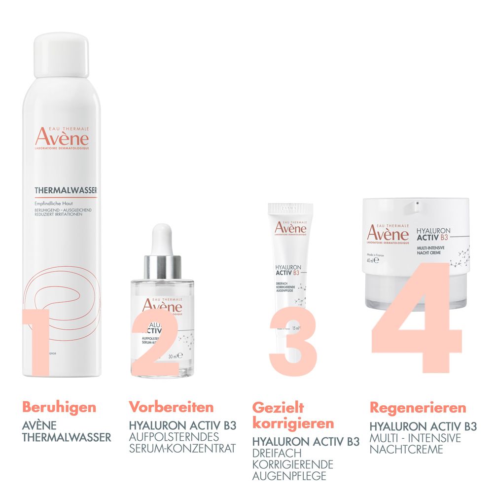 Prodotti Avène: Acqua termale, siero, contorno occhi, crema notte. Nomi dei prodotti e ordine di utilizzo.