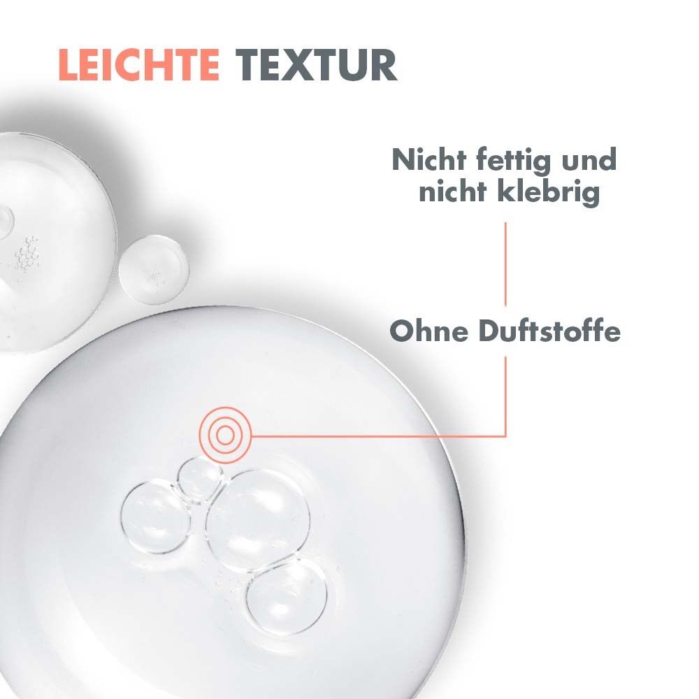 Primo piano del siero. Testo: Texture leggera. Non grasso e non appiccicoso. Senza profumo.
