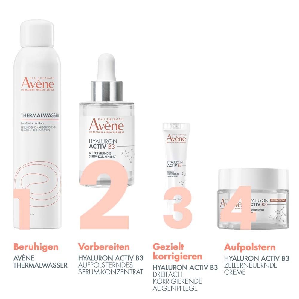 Quattro prodotti affiancati. Acqua termale, siero, contorno occhi, crema. Tutti i prodotti Avène.