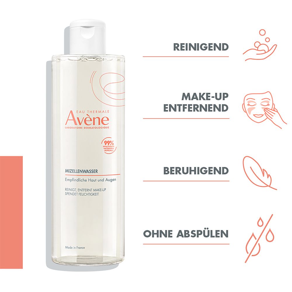 Flacone Avène Mizellenwasser con icone: Detergente, struccante, lenitivo, senza risciacquo.