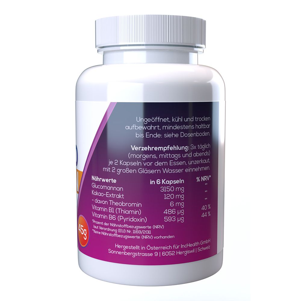 Retro del flacone. Testo: Raccomandazioni per l'uso, valori nutrizionali, indirizzo del produttore, scadenza.