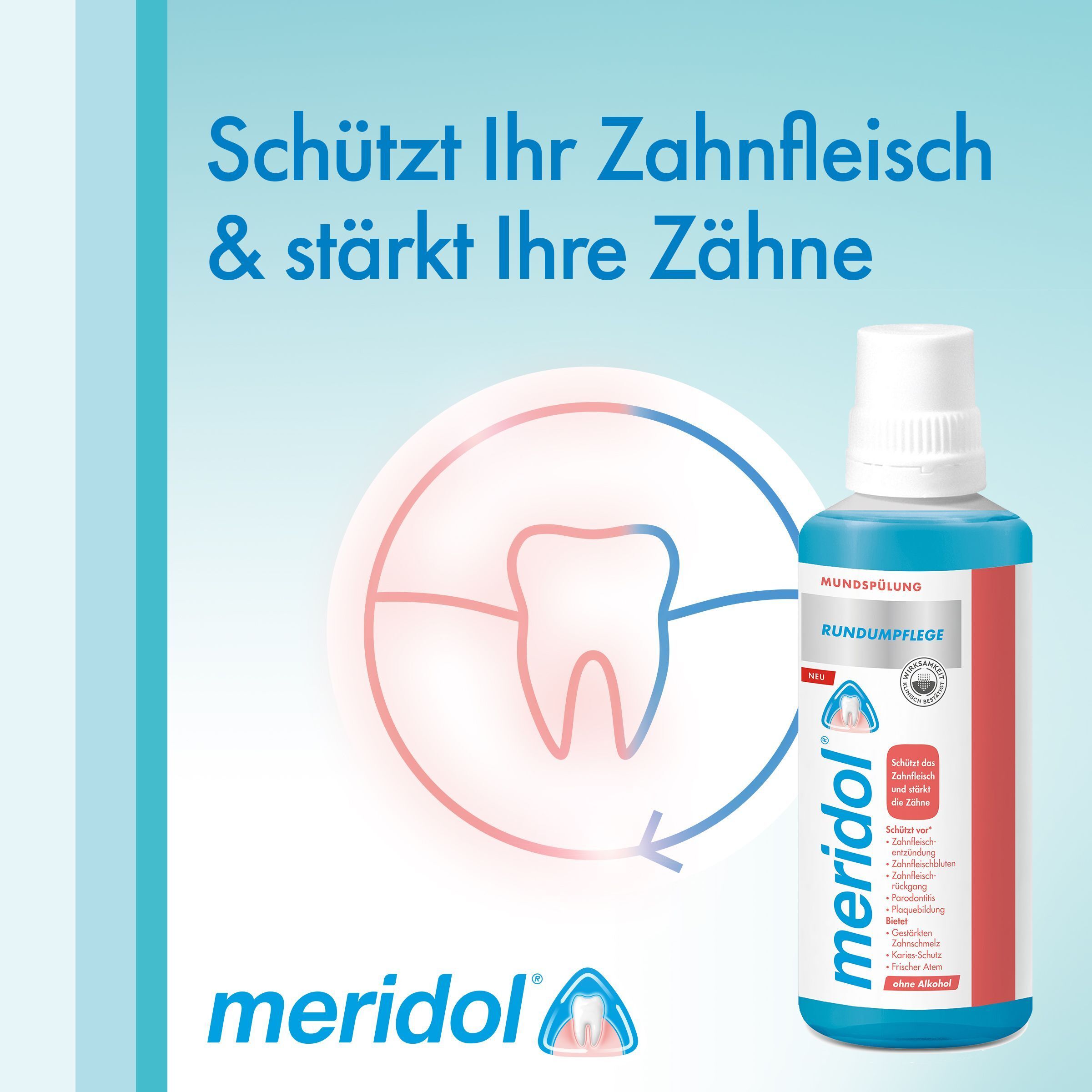 Flacone di collutorio Meridol con etichetta raffigurante denti e gengive. Liquido per il cavo orale blu.