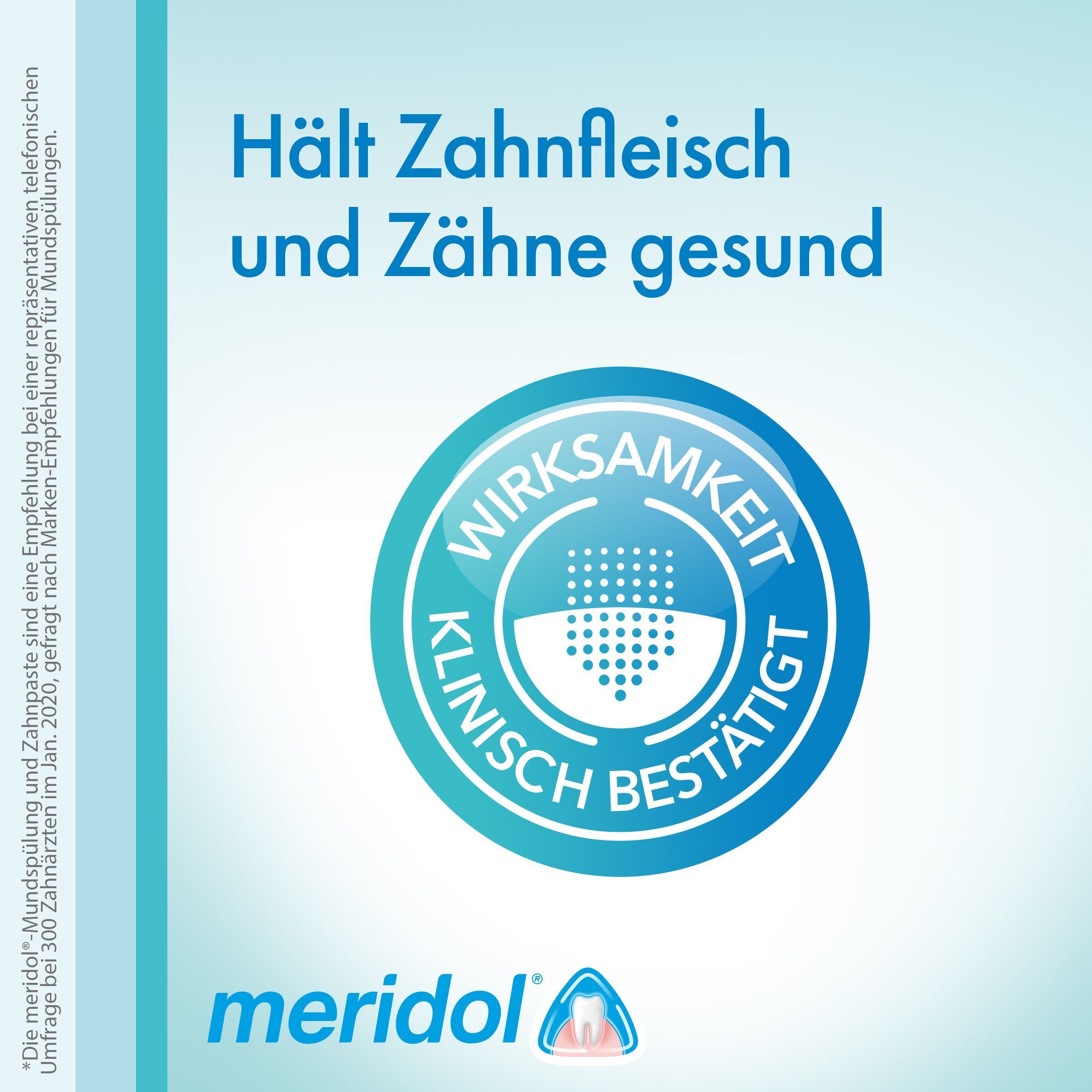 Logo Meridol con sigillo 'Clinicamente testato'. Mantiene gengive e denti sani.