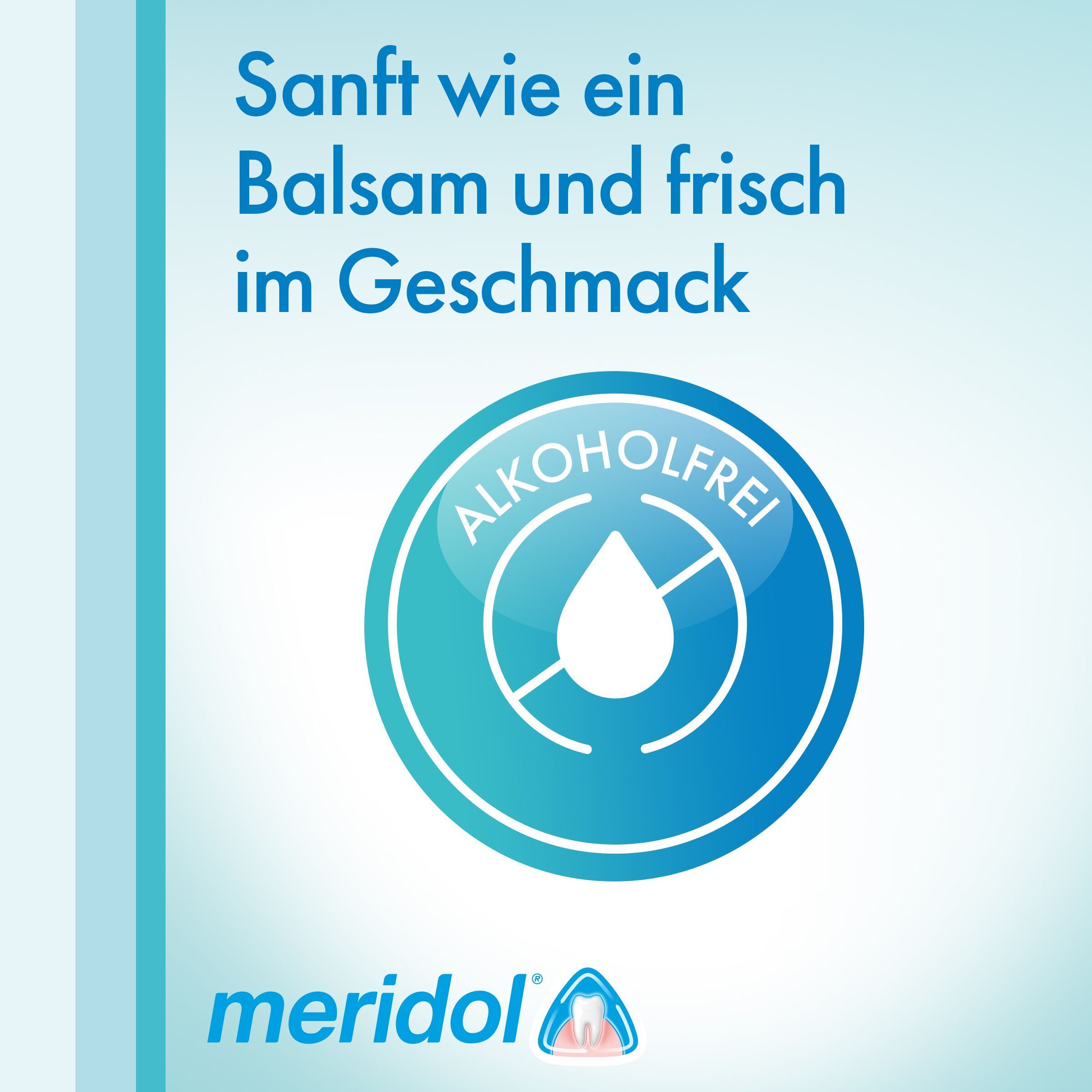 Logo Meridol con sigillo 'Senza alcol' e simbolo di goccia.