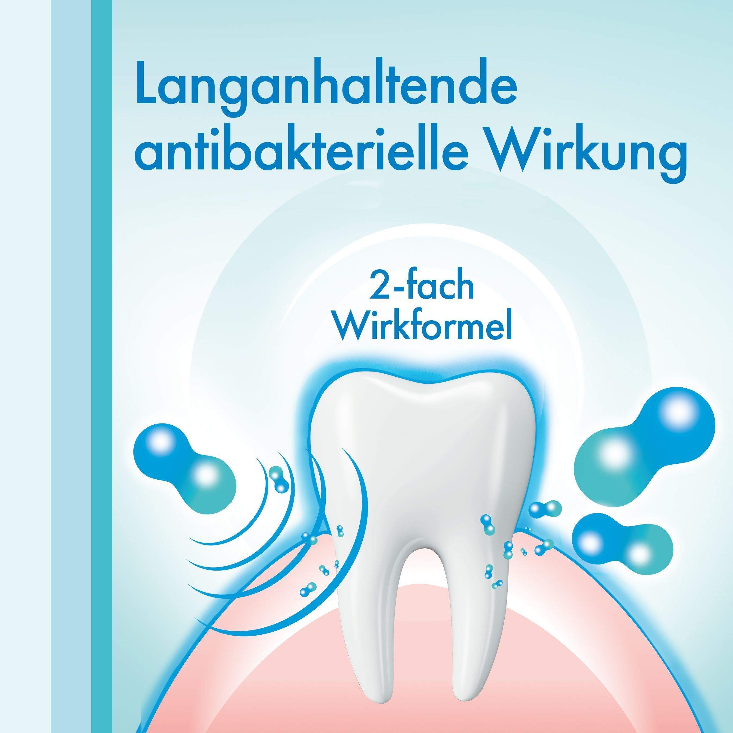 Illustrazione di un dente bianco con effetto antibatterico e formula a doppia azione.