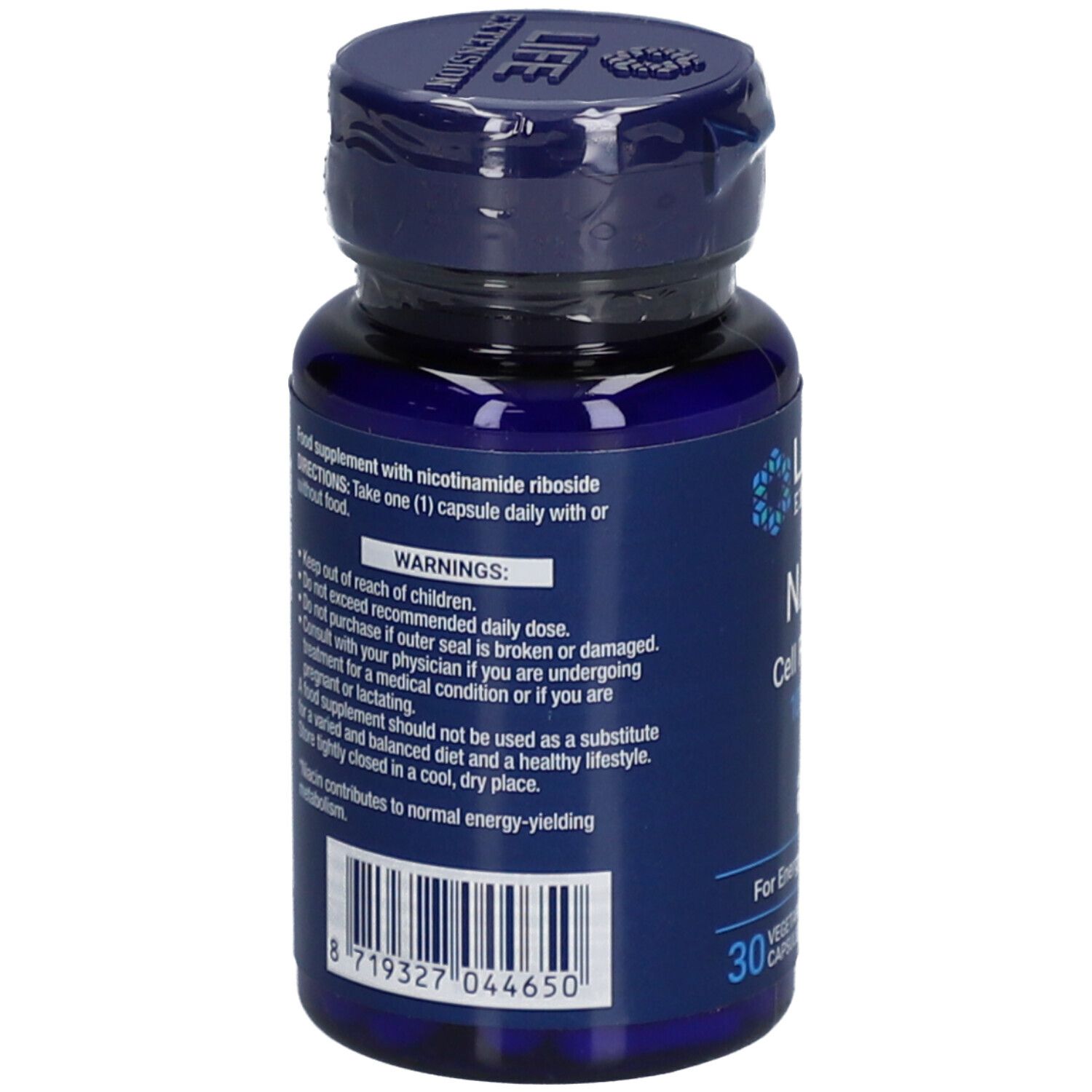 Retro del flacone Life Extension NAD+ Cell Formula 100 mg con avvertenze e codice a barre.